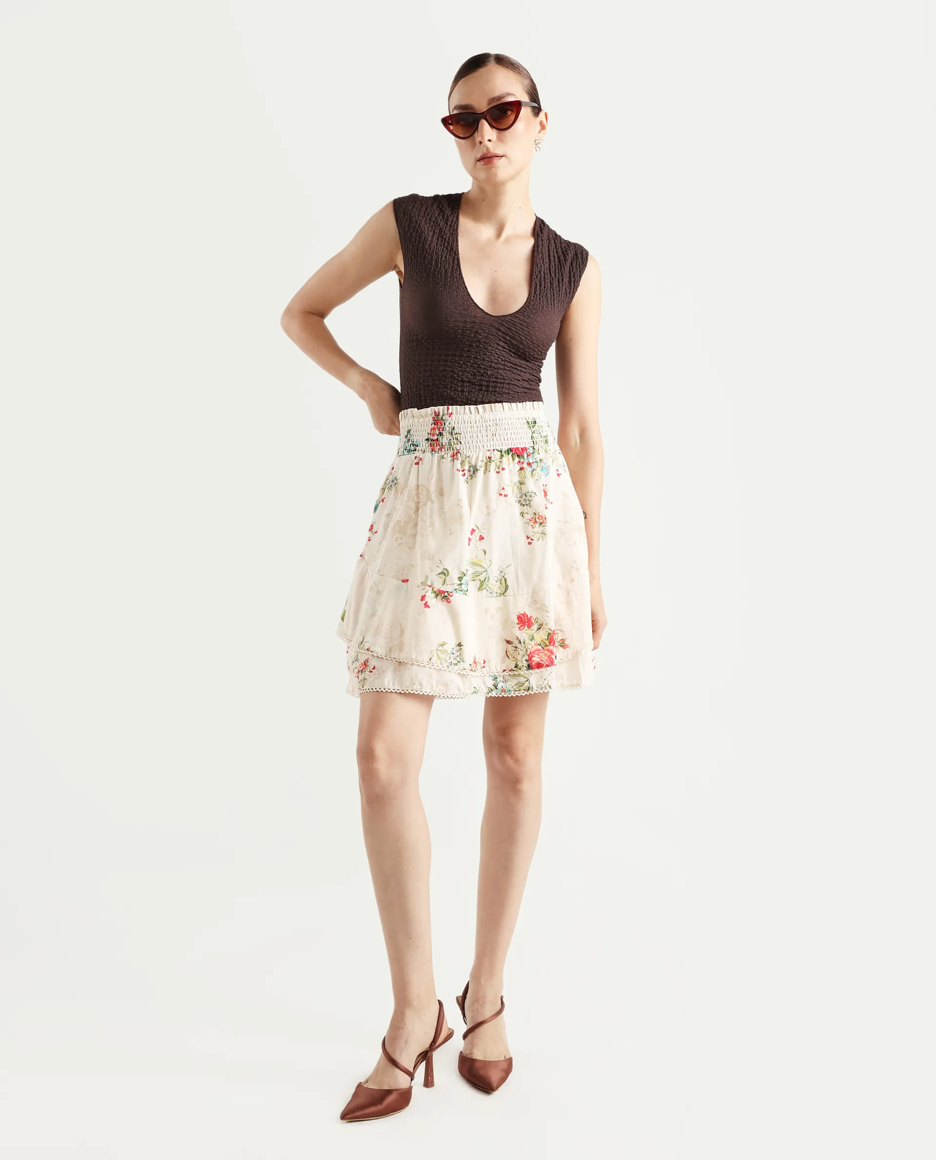 Rareism Women's Prato Multi Cotton Floral Print Mini Relaxed Fit Skirt