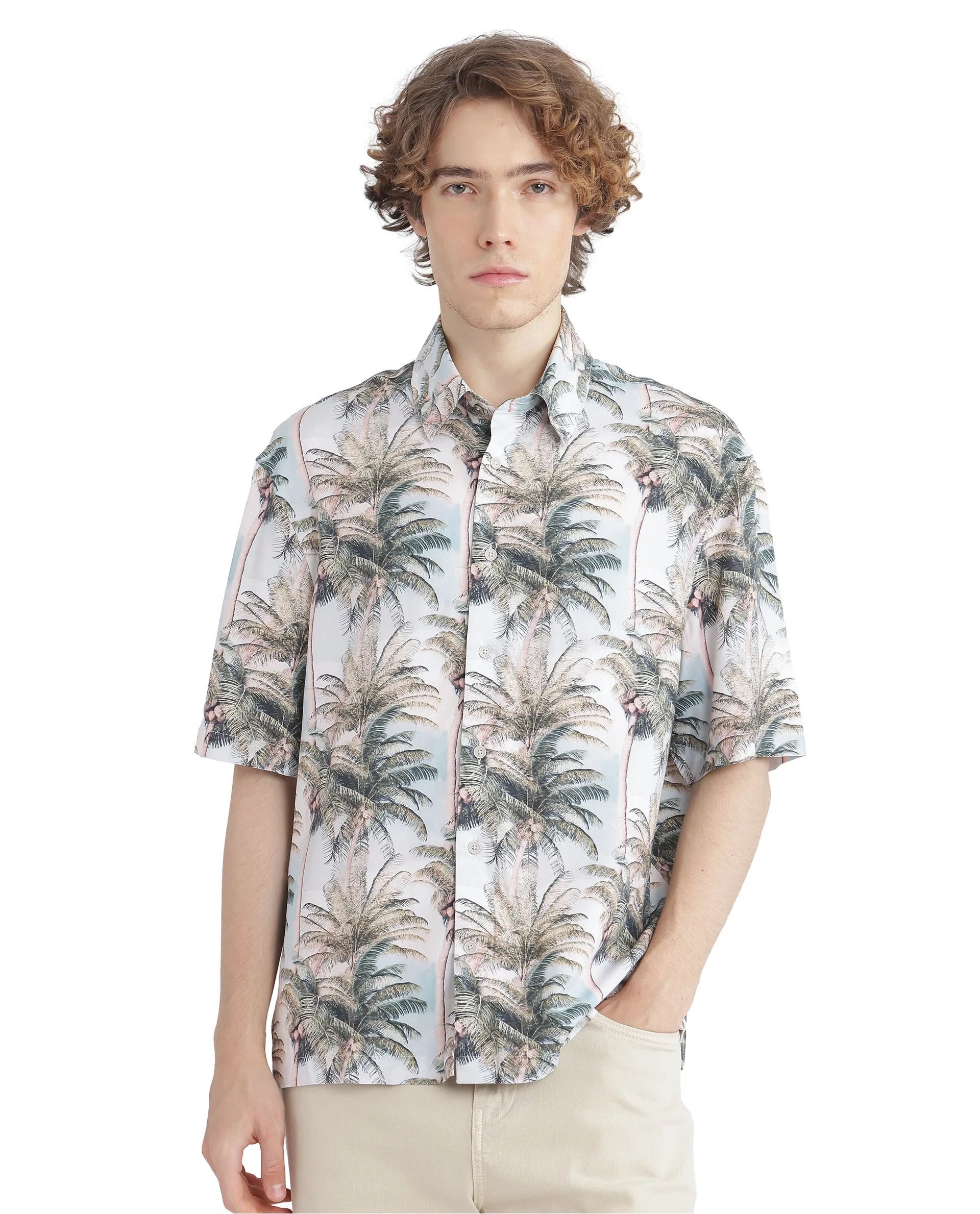 Rare Rabbit Men's Pratts Off White Cotton Abstract Print Regular Fit Half Sleeve Collared Shirt - Image 3