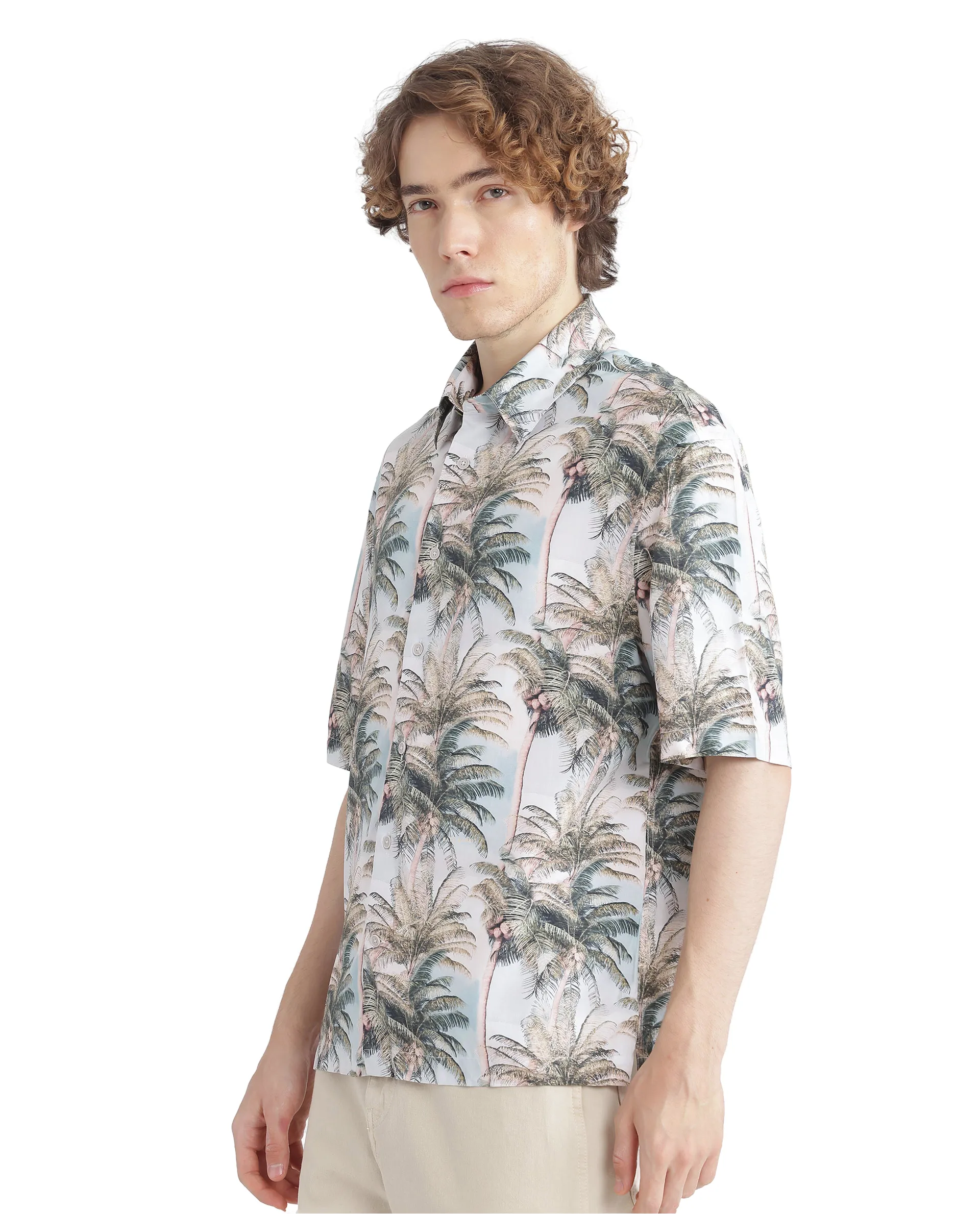 Rare Rabbit Men's Pratts Off White Cotton Abstract Print Regular Fit Half Sleeve Collared Shirt - Image 4