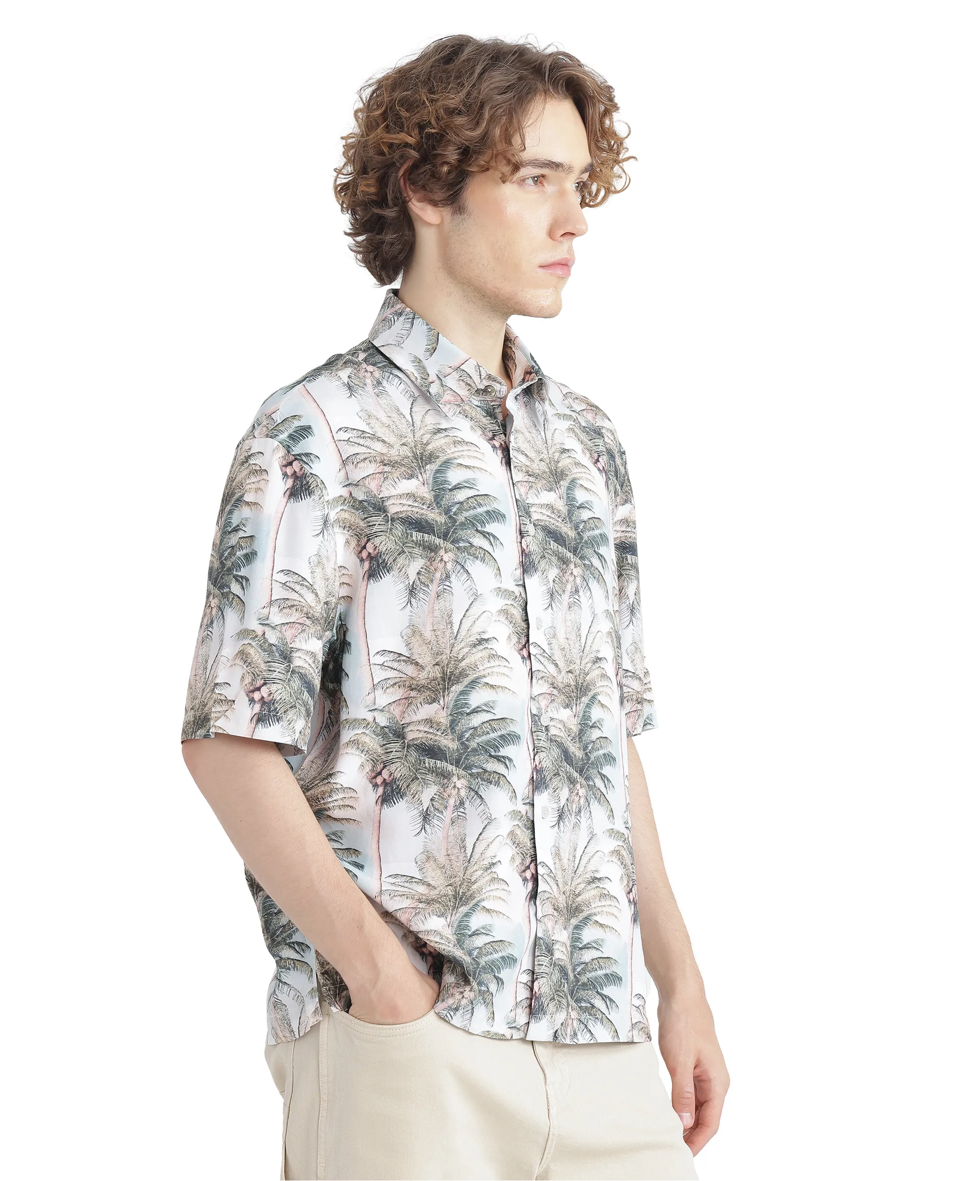 Rare Rabbit Men's Pratts Off White Cotton Abstract Print Regular Fit Half Sleeve Collared Shirt - Image 5
