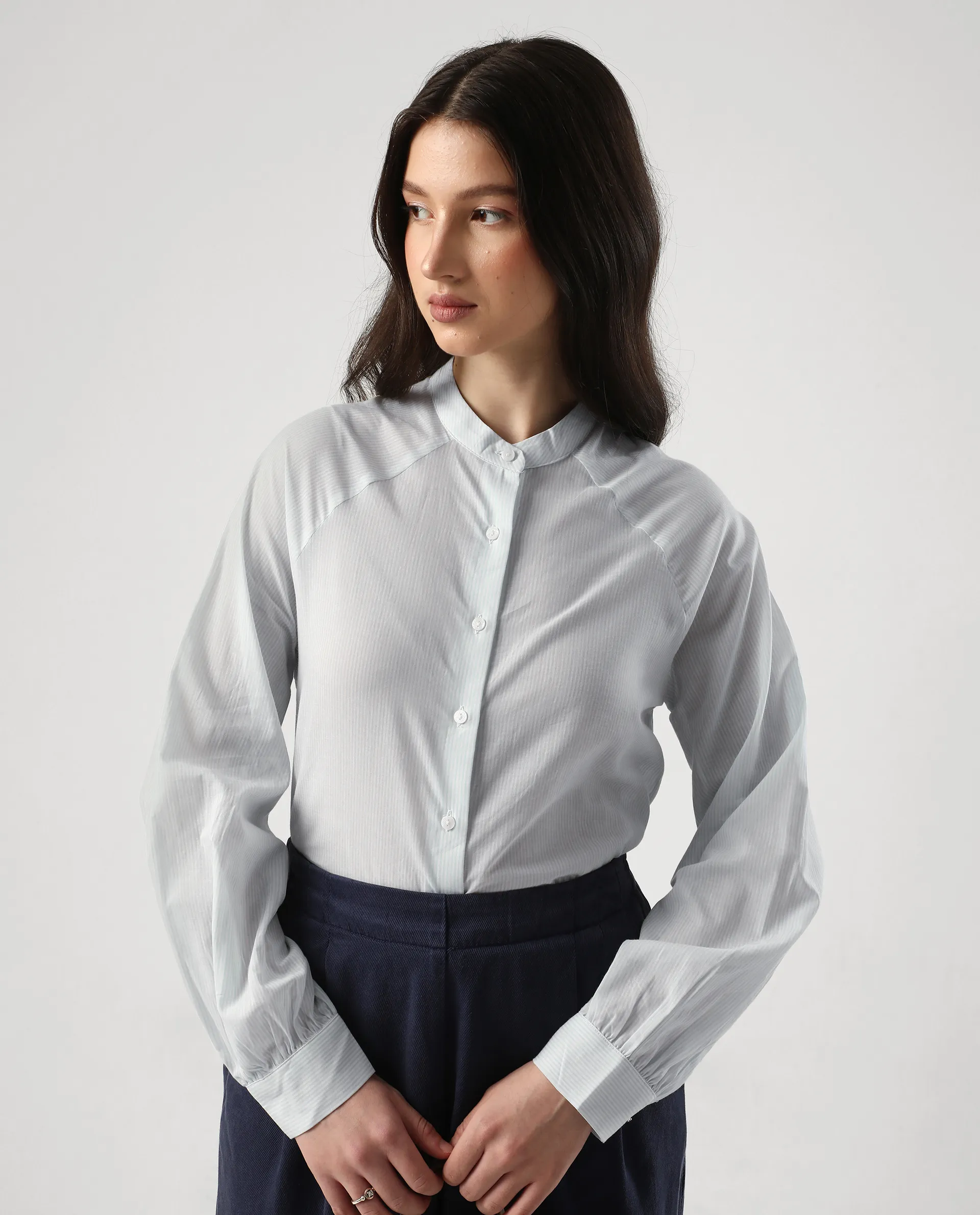 Rareism Women's Preb Blue Cotton Mandarin Collar Striped Bishop Sleeve Regular Fit Top - Image 2