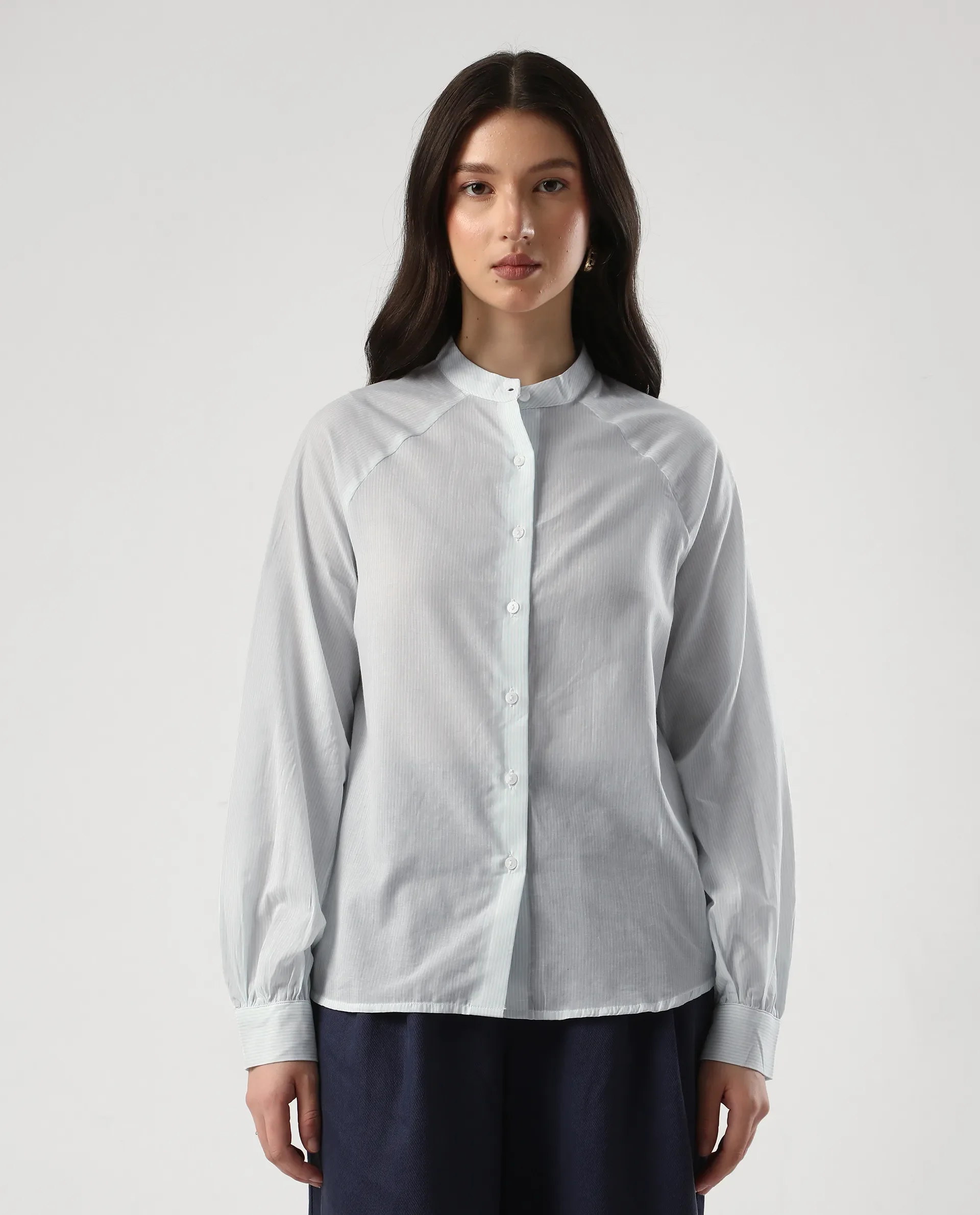 Rareism Women's Preb Blue Cotton Mandarin Collar Striped Bishop Sleeve Regular Fit Top - Image 3