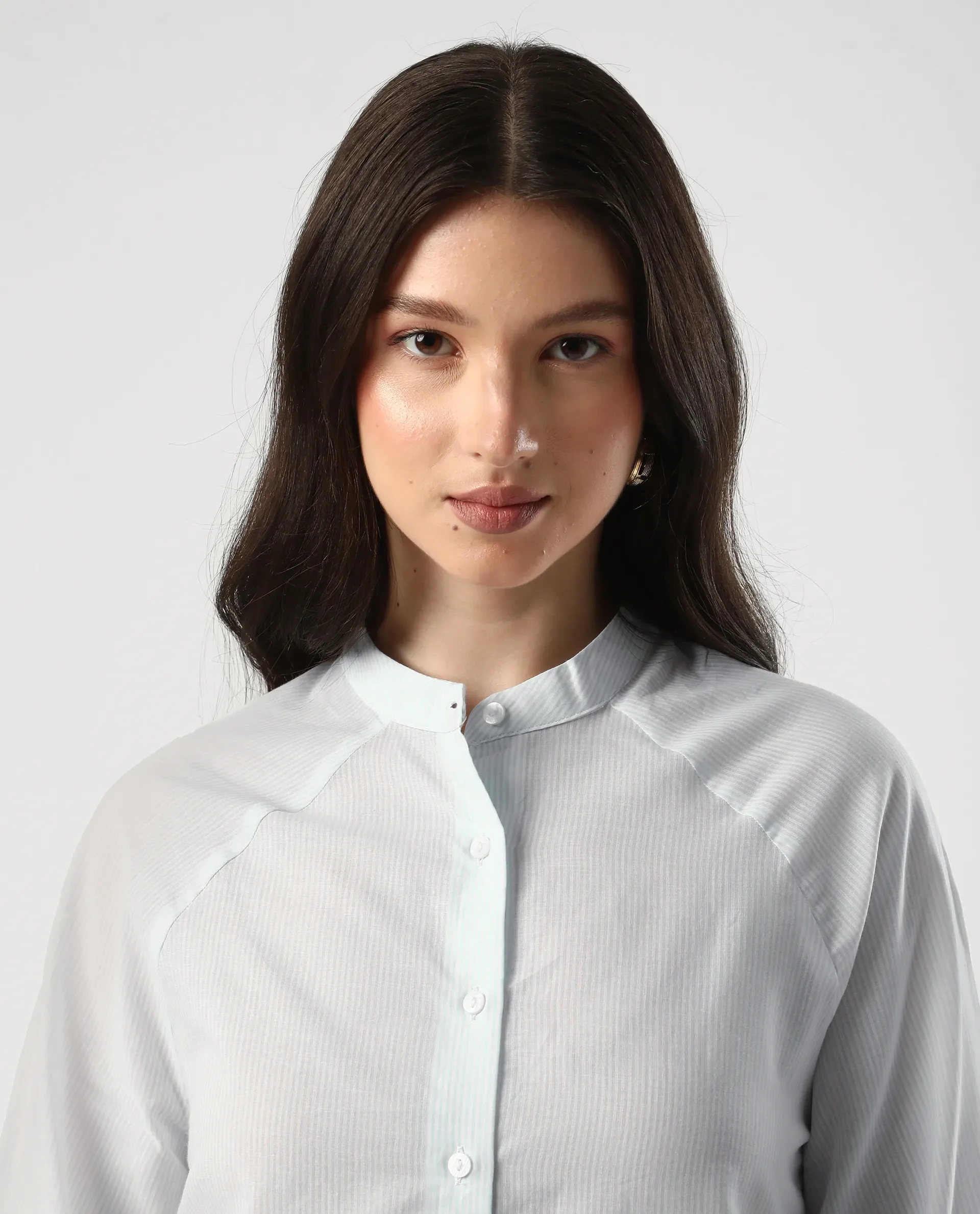 Rareism Women's Preb Blue Cotton Mandarin Collar Striped Bishop Sleeve Regular Fit Top - Image 4