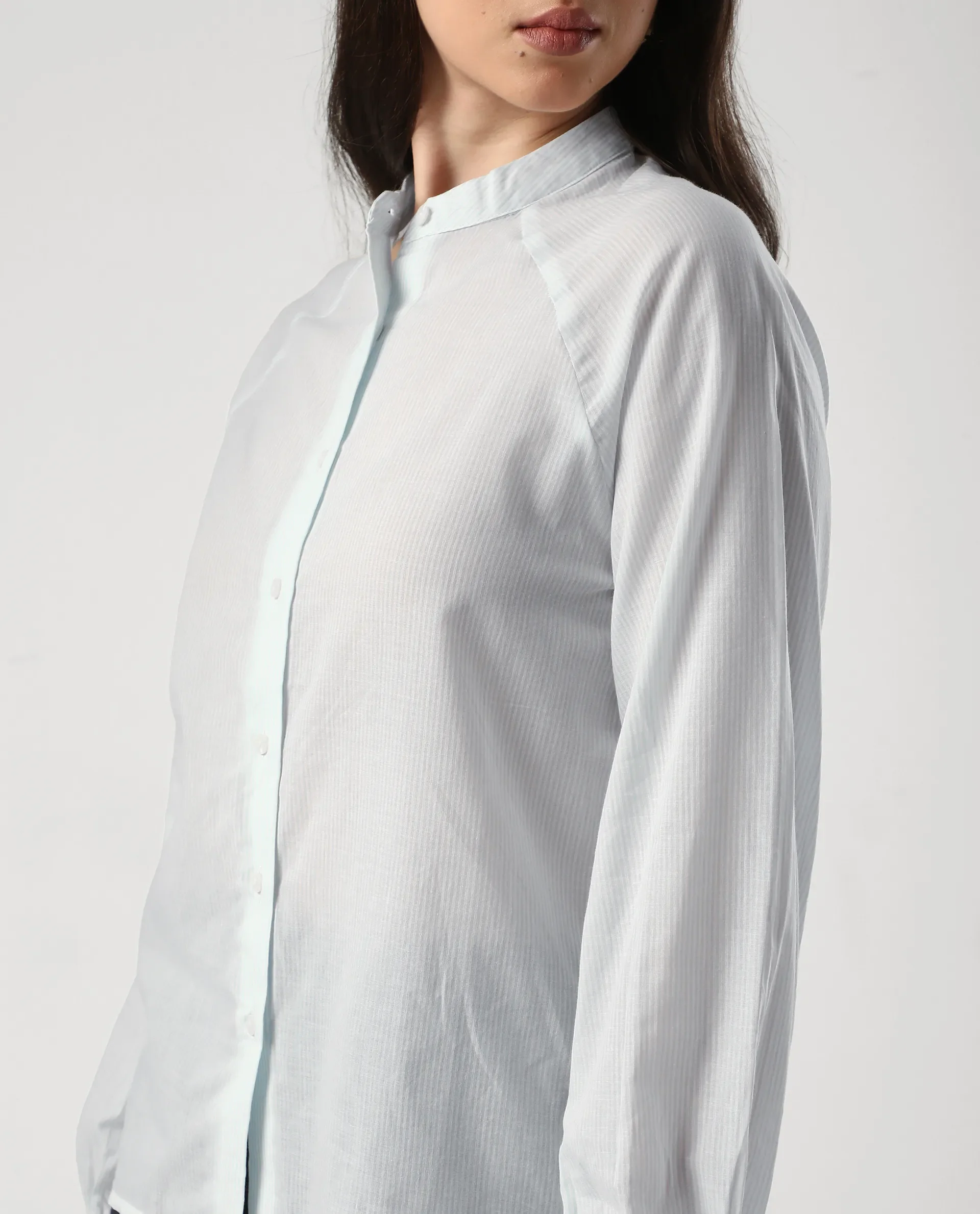 Rareism Women's Preb Blue Cotton Mandarin Collar Striped Bishop Sleeve Regular Fit Top - Image 5