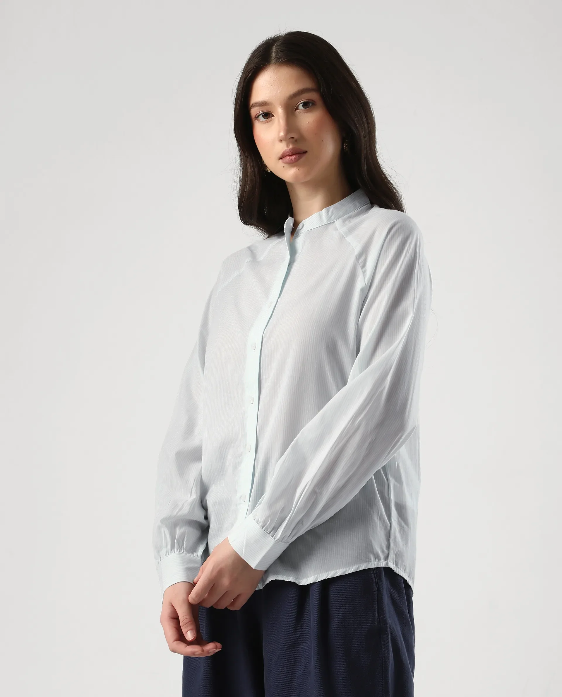 Rareism Women's Preb Blue Cotton Mandarin Collar Striped Bishop Sleeve Regular Fit Top - Image 6