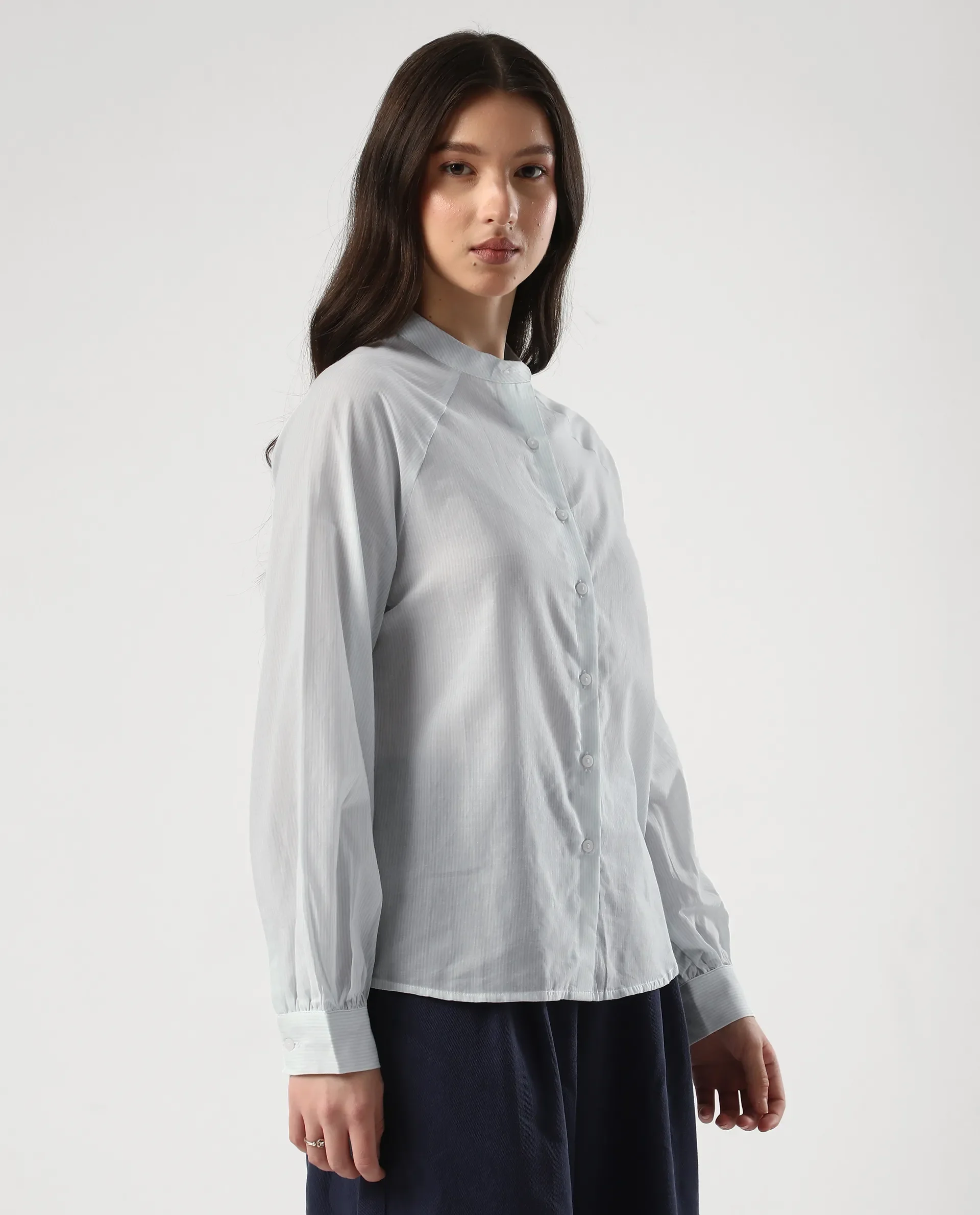 Rareism Women's Preb Blue Cotton Mandarin Collar Striped Bishop Sleeve Regular Fit Top - Image 7