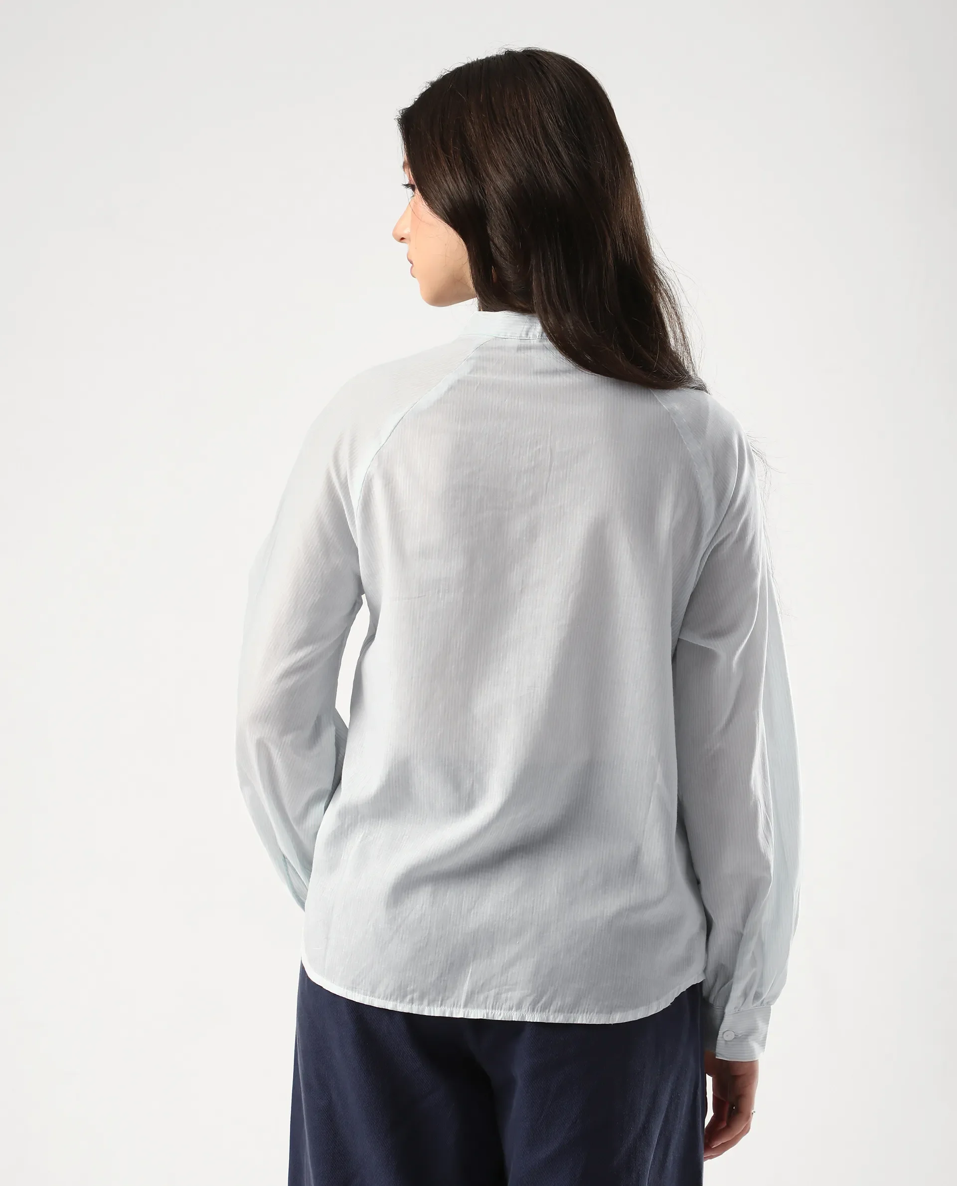 Rareism Women's Preb Blue Cotton Mandarin Collar Striped Bishop Sleeve Regular Fit Top - Image 8