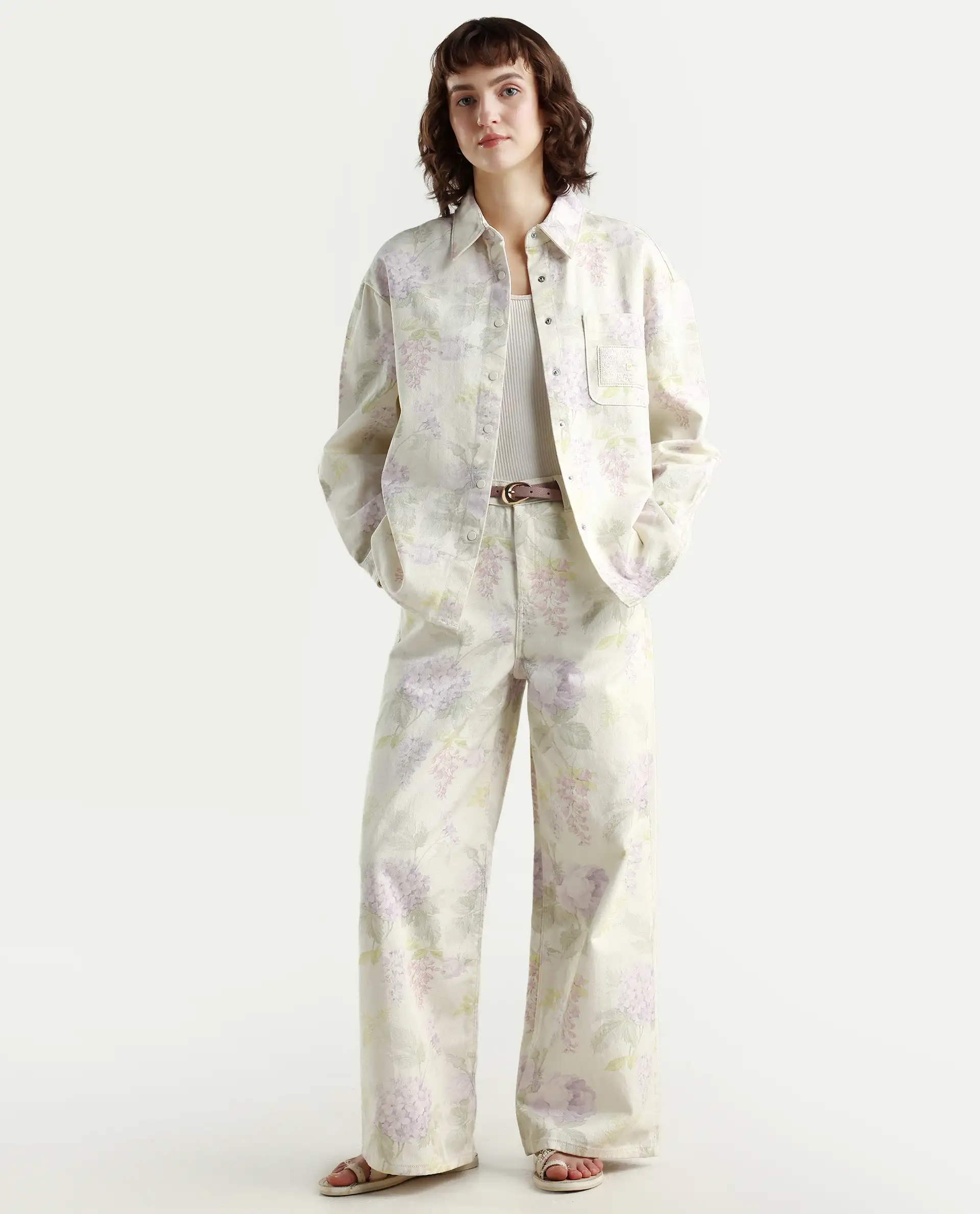 Rareism Women's Prebin-T Multi Cotton Spread Collar Floral Print Cuffed Sleeve Boxy Fit Shirt - Image 2