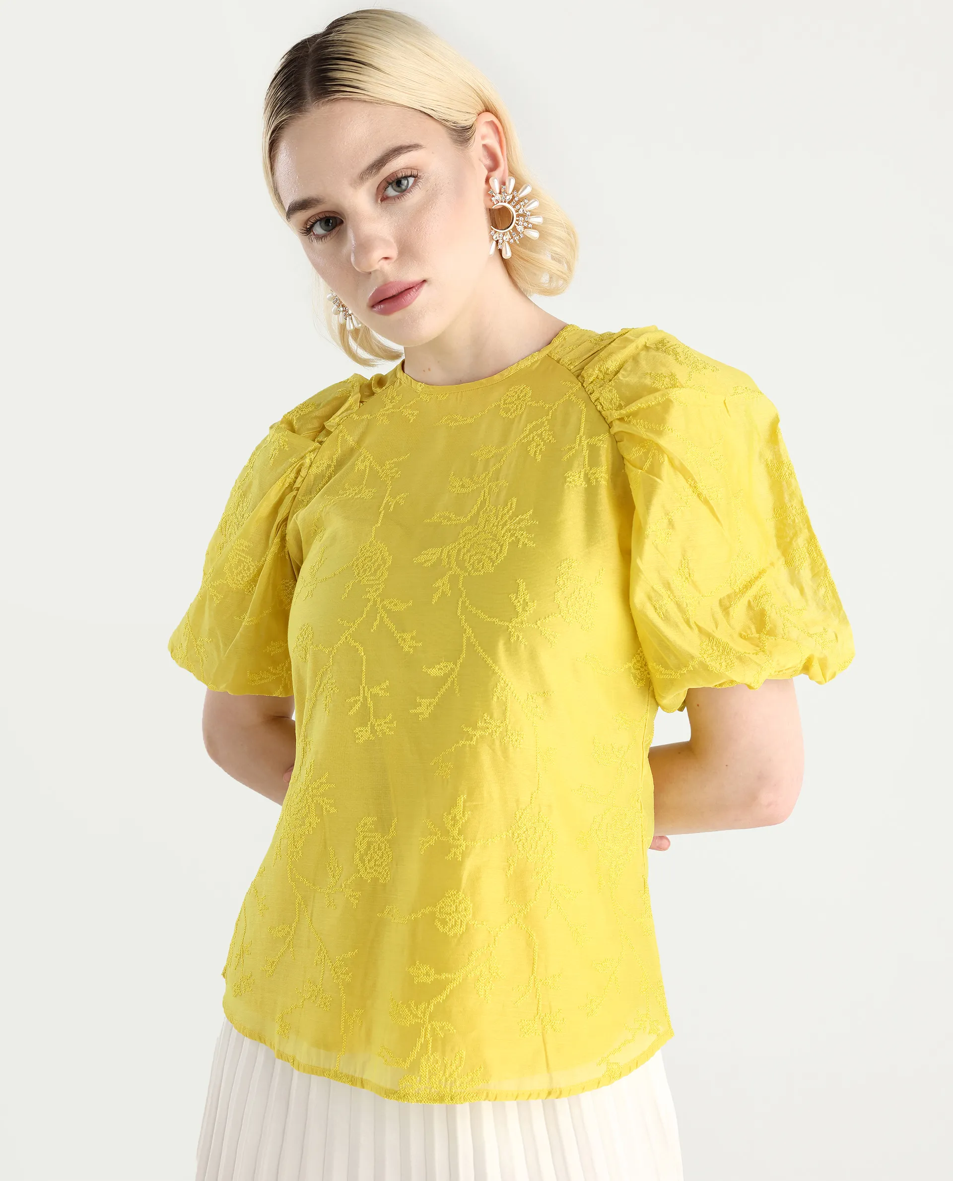 Rareism Women's Prebo Green Viscose Blend Mandarin Collar Plain Balloon Sleeve Regular Fit Top