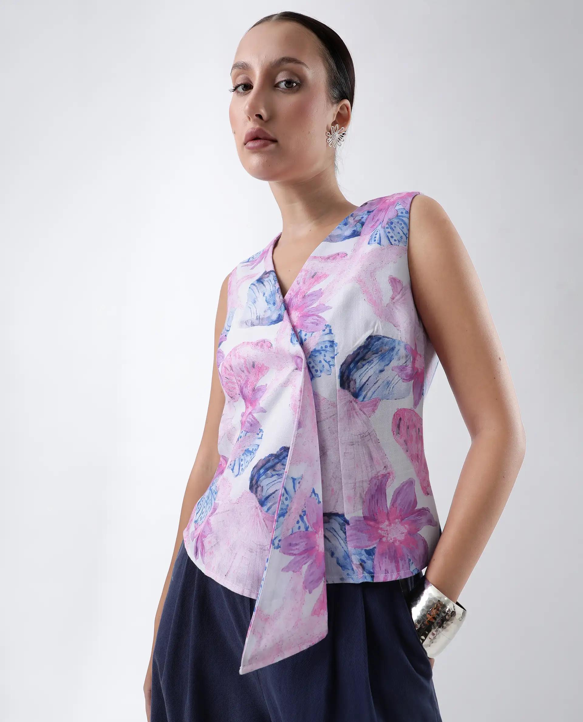 Rareism Women's Predin-T Multi Polyester Overlap Neck Abstract Print Sleeveless Regular Fit Top - Image 3