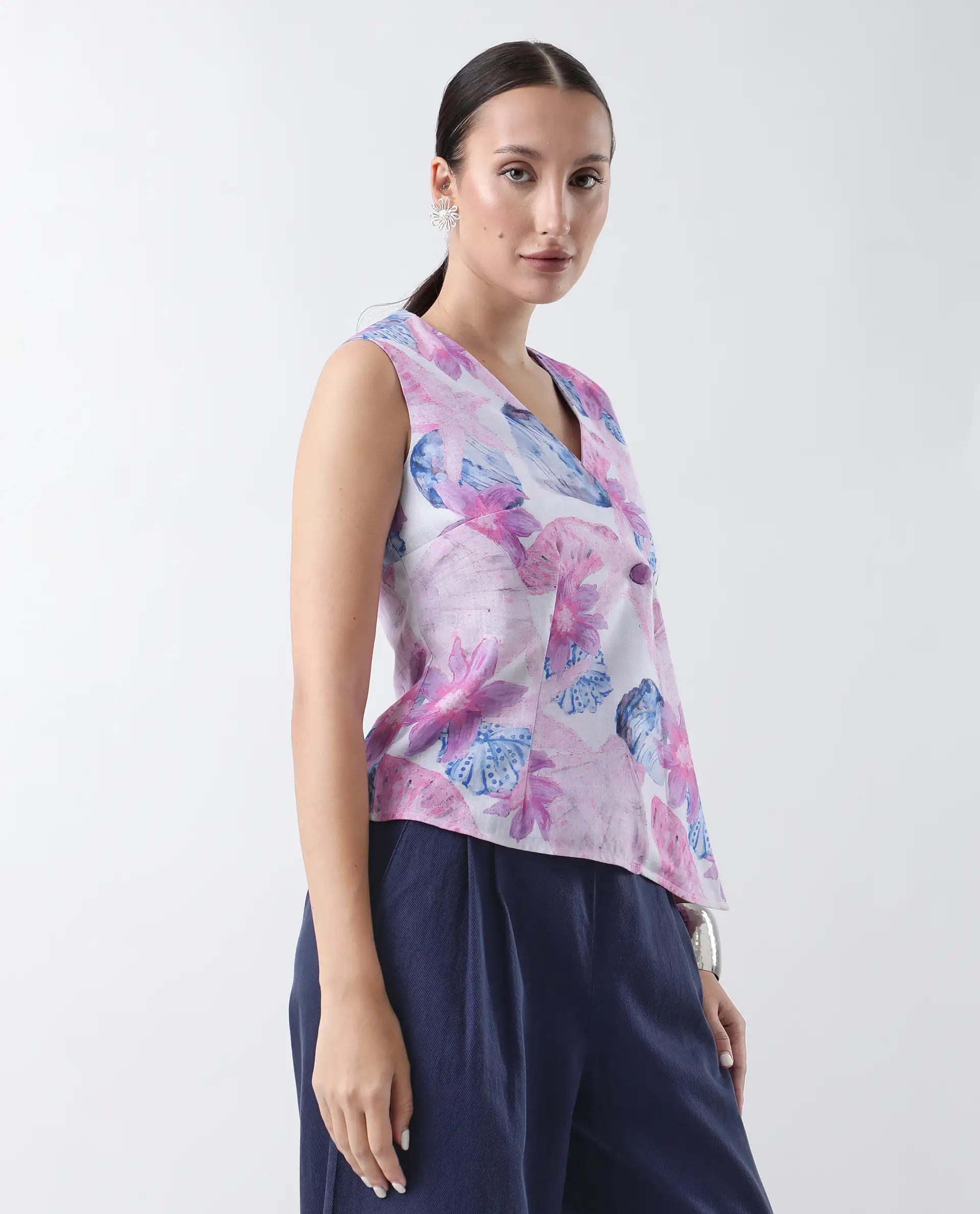 Rareism Women's Predin-T Multi Polyester Overlap Neck Abstract Print Sleeveless Regular Fit Top - Image 7