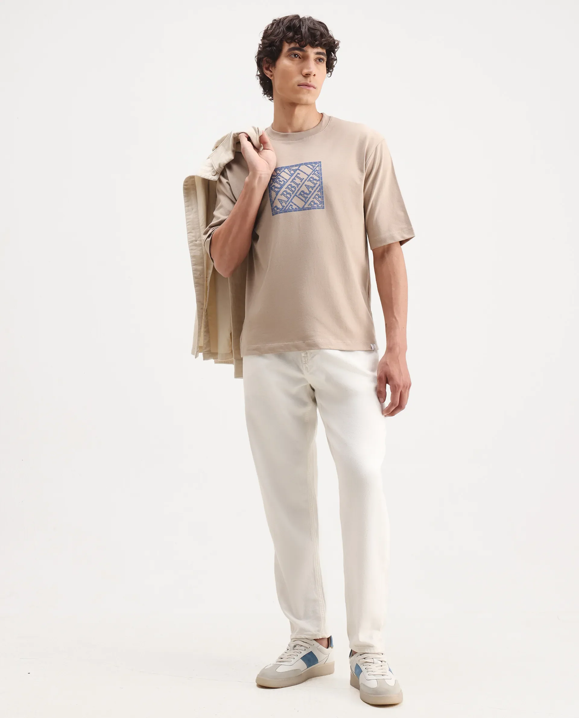 Rare Rabbit Men's Pree Beige Cotton Embroidered Regular Fit Half Sleeve Crew Neck T-Shirt - Image 2