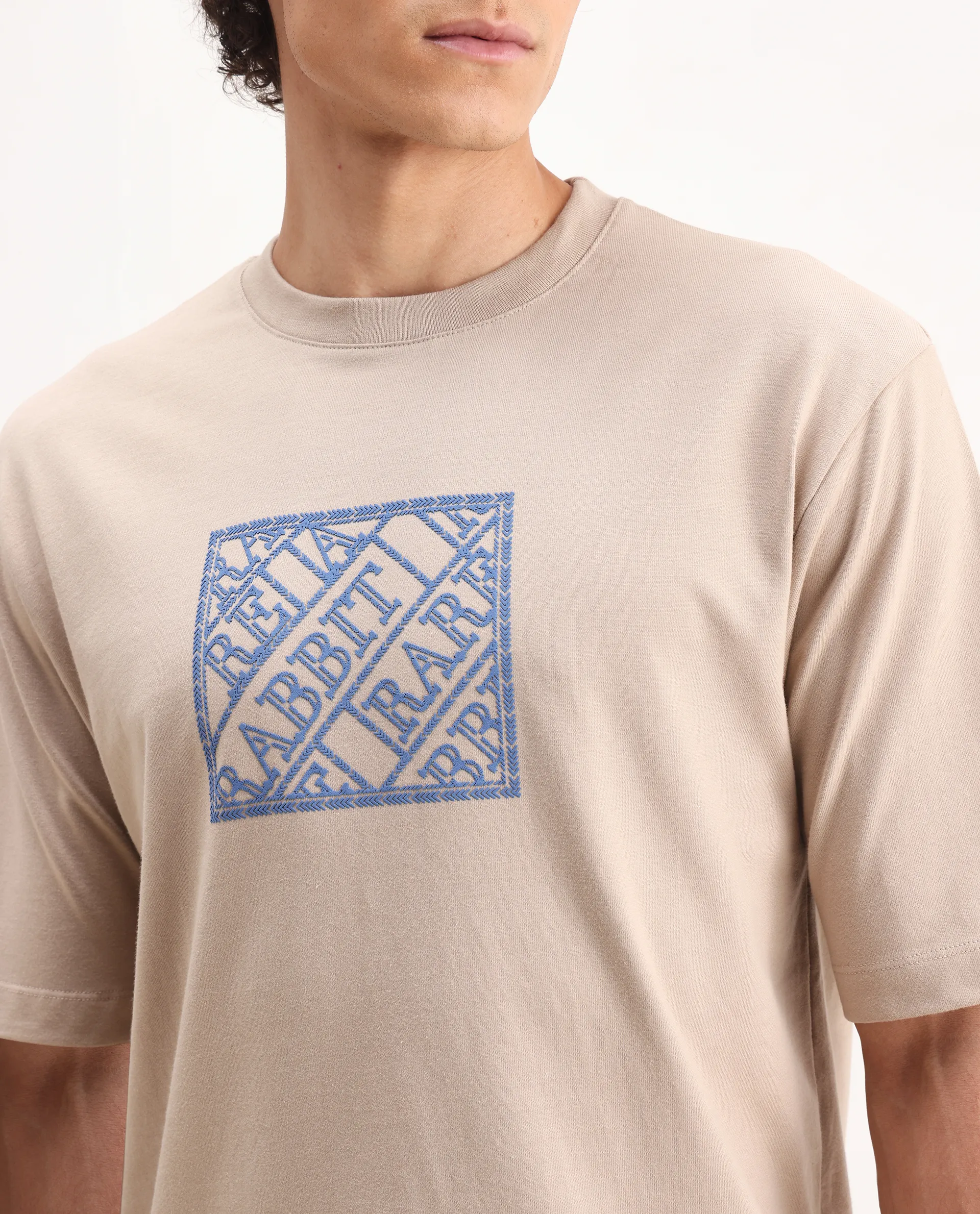 Rare Rabbit Men's Pree Beige Cotton Embroidered Regular Fit Half Sleeve Crew Neck T-Shirt - Image 3