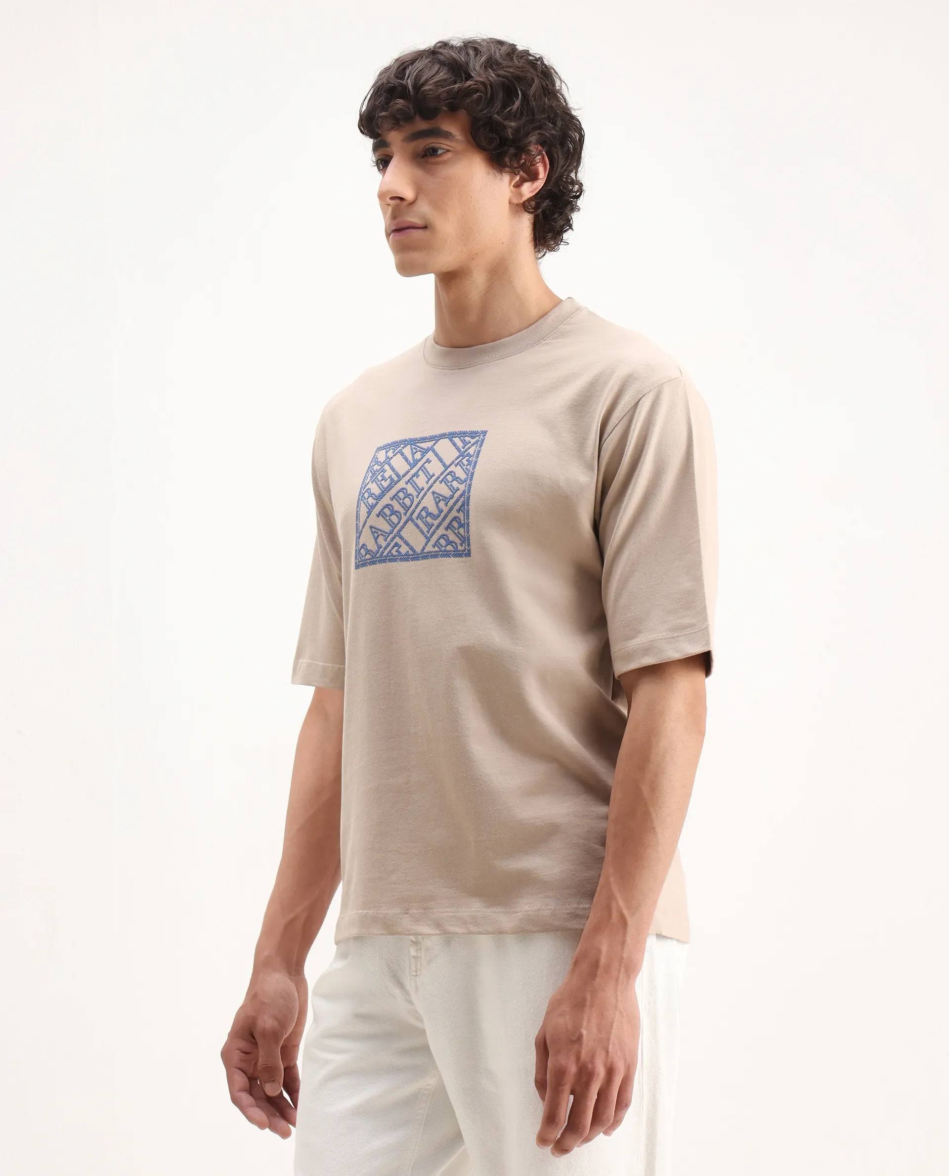 Rare Rabbit Men's Pree Beige Cotton Embroidered Regular Fit Half Sleeve Crew Neck T-Shirt - Image 4