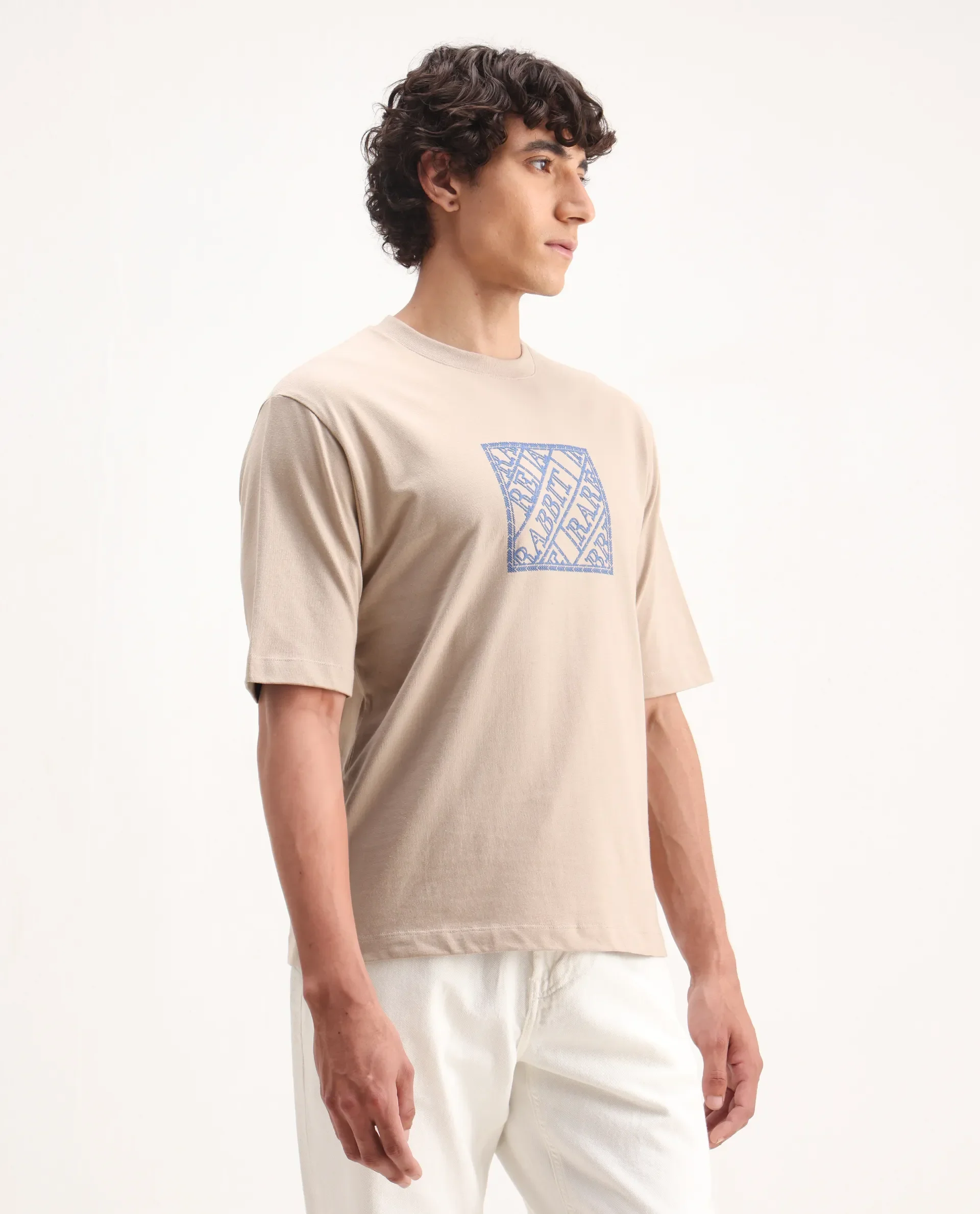 Rare Rabbit Men's Pree Beige Cotton Embroidered Regular Fit Half Sleeve Crew Neck T-Shirt - Image 5
