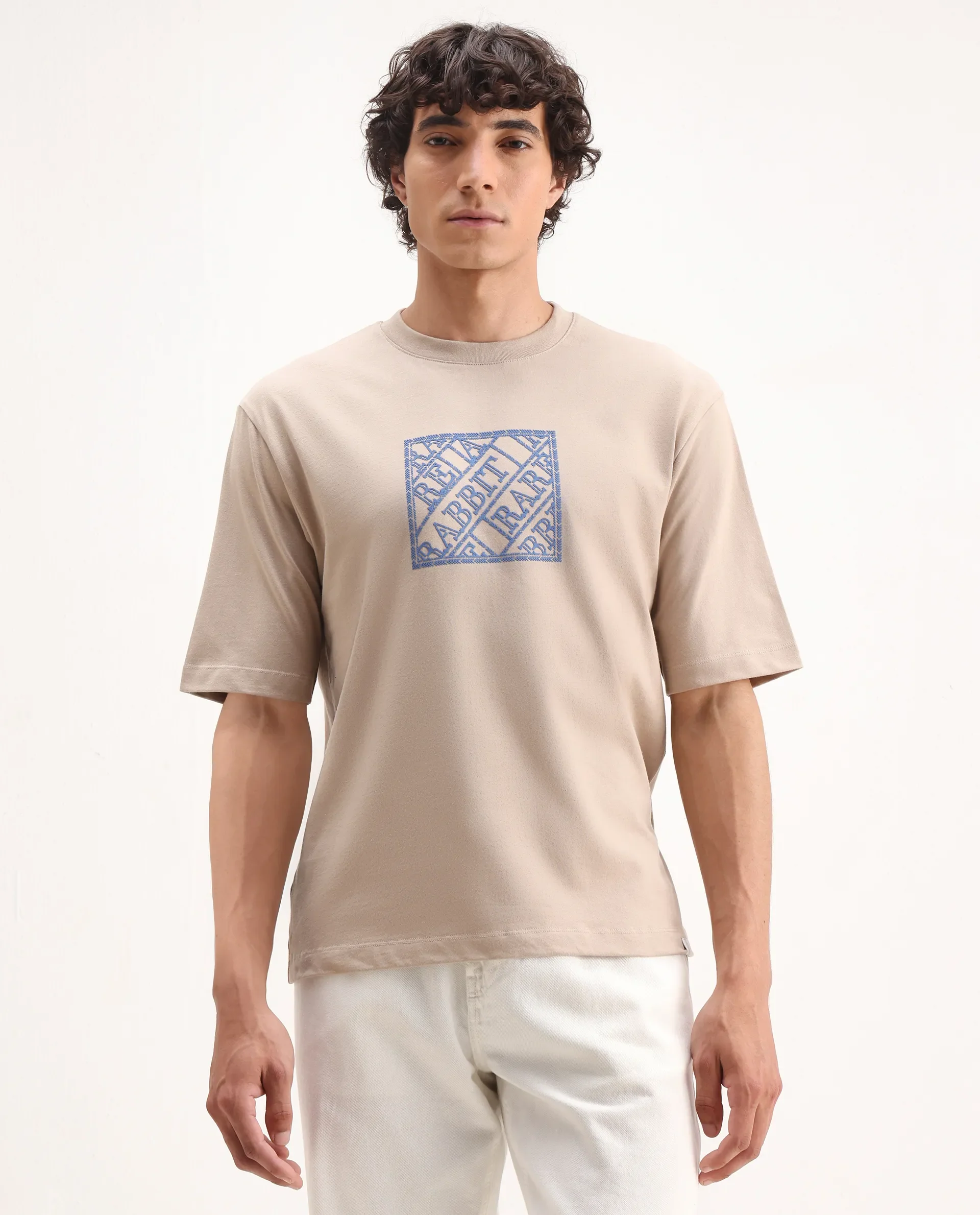 Rare Rabbit Men's Pree Beige Cotton Embroidered Regular Fit Half Sleeve Crew Neck T-Shirt - Image 6