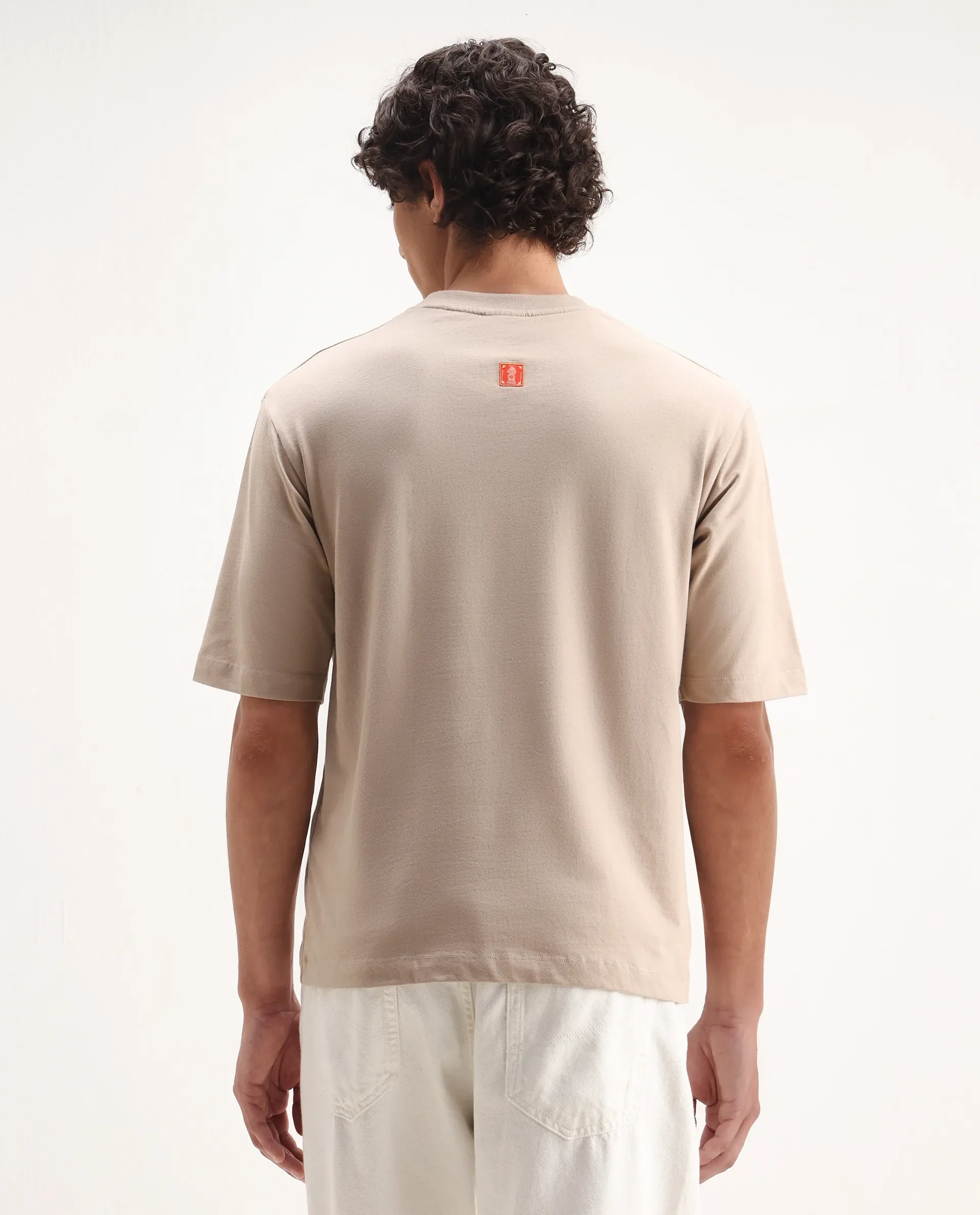 Rare Rabbit Men's Pree Beige Cotton Embroidered Regular Fit Half Sleeve Crew Neck T-Shirt - Image 7