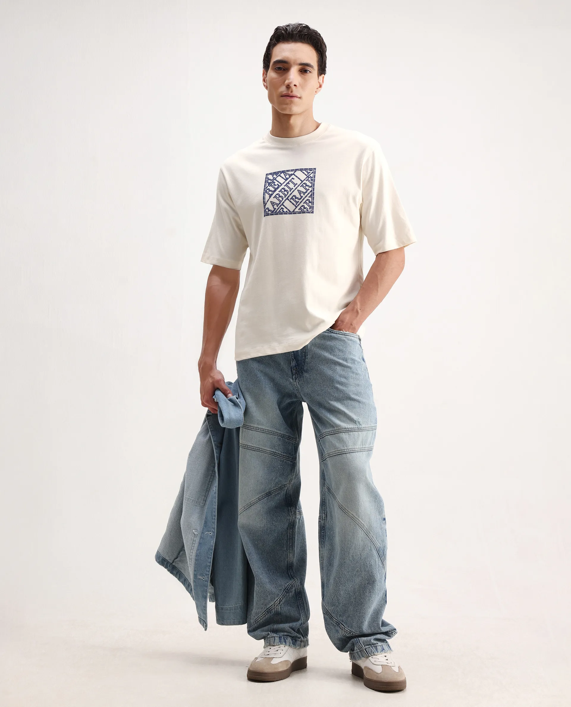 Rare Rabbit Men's Pree Off-White Cotton Embroidered Regular Fit Half Sleeve Crew Neck T-Shirt - Image 2