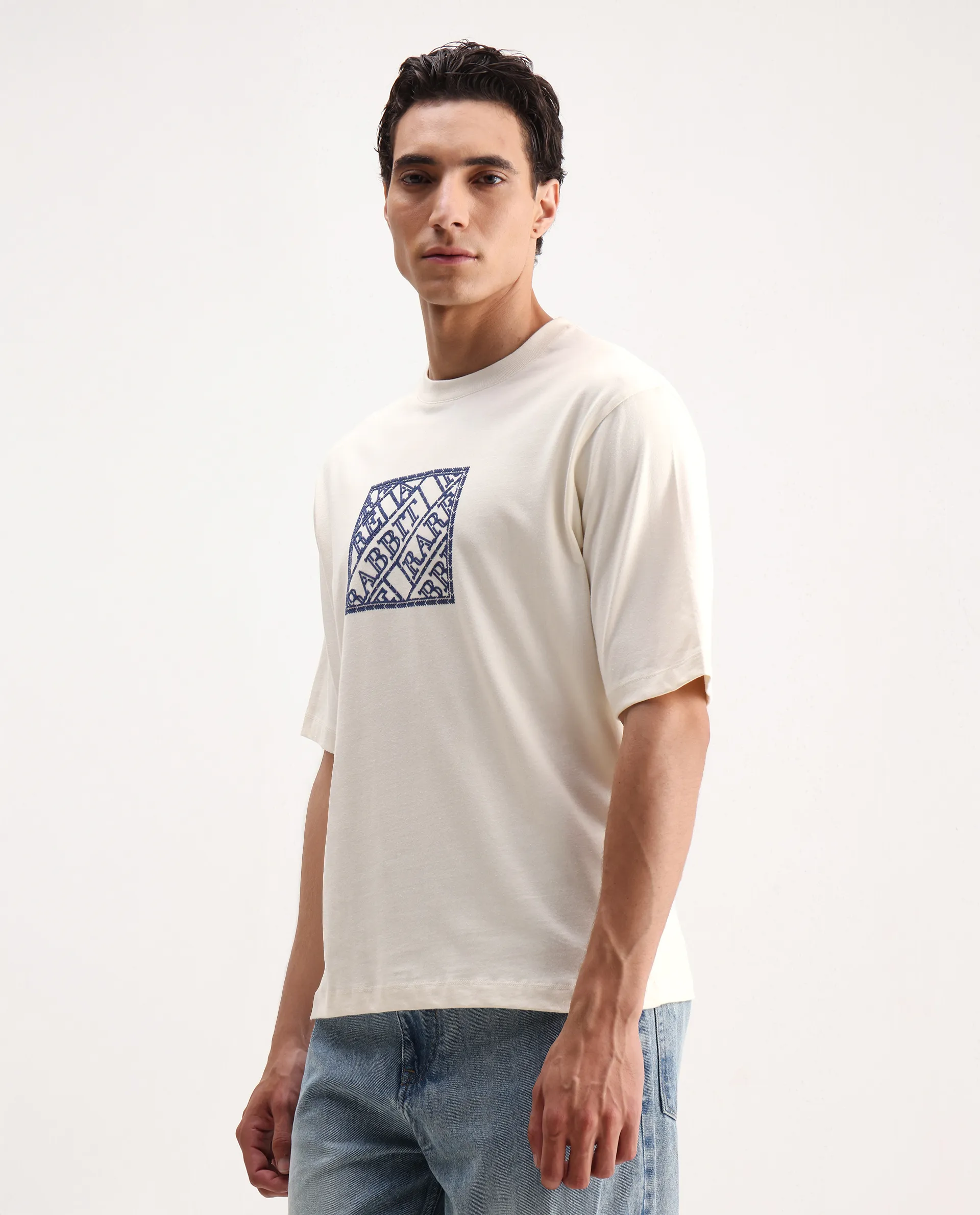 Rare Rabbit Men's Pree Off-White Cotton Embroidered Regular Fit Half Sleeve Crew Neck T-Shirt - Image 4