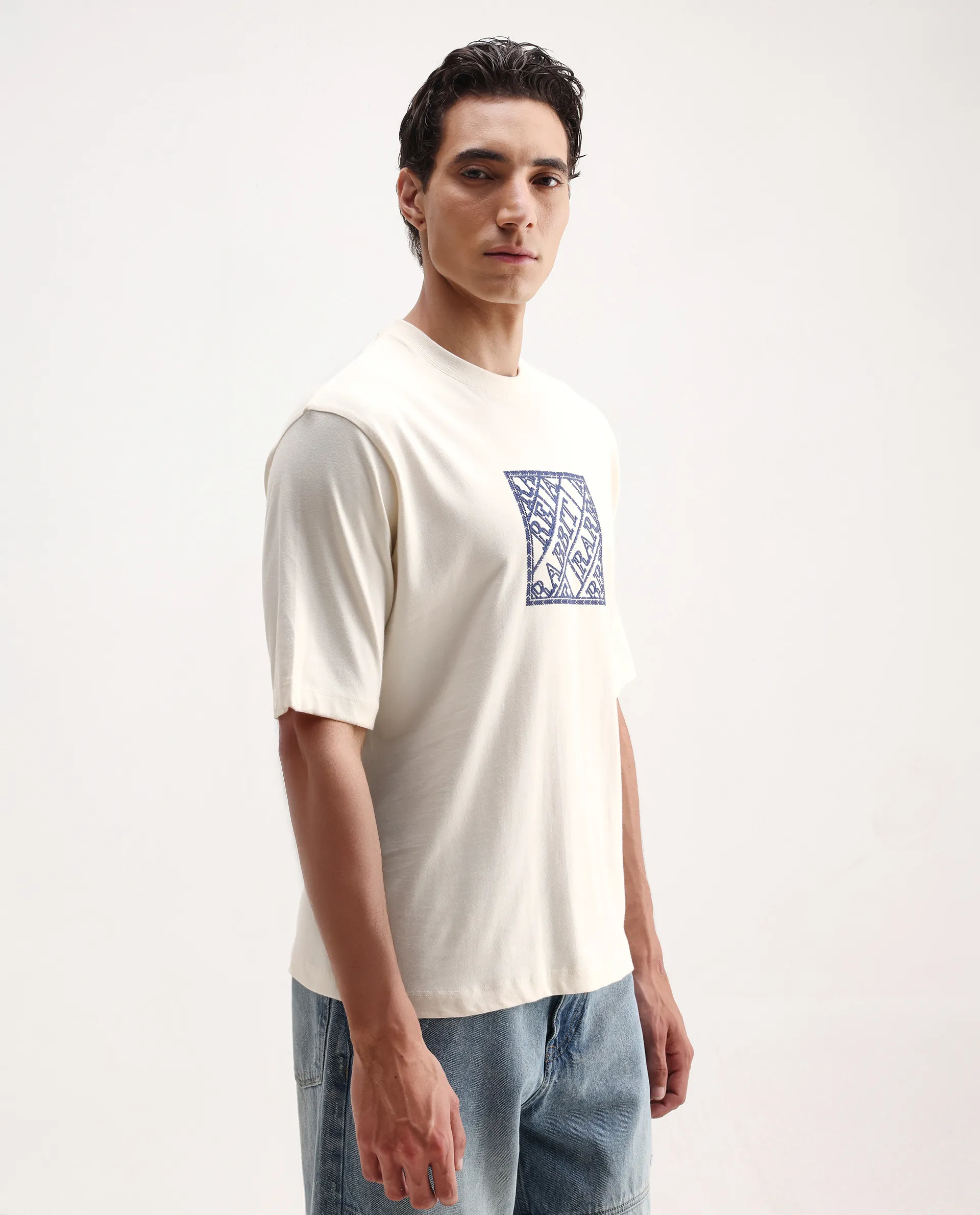 Rare Rabbit Men's Pree Off-White Cotton Embroidered Regular Fit Half Sleeve Crew Neck T-Shirt - Image 5