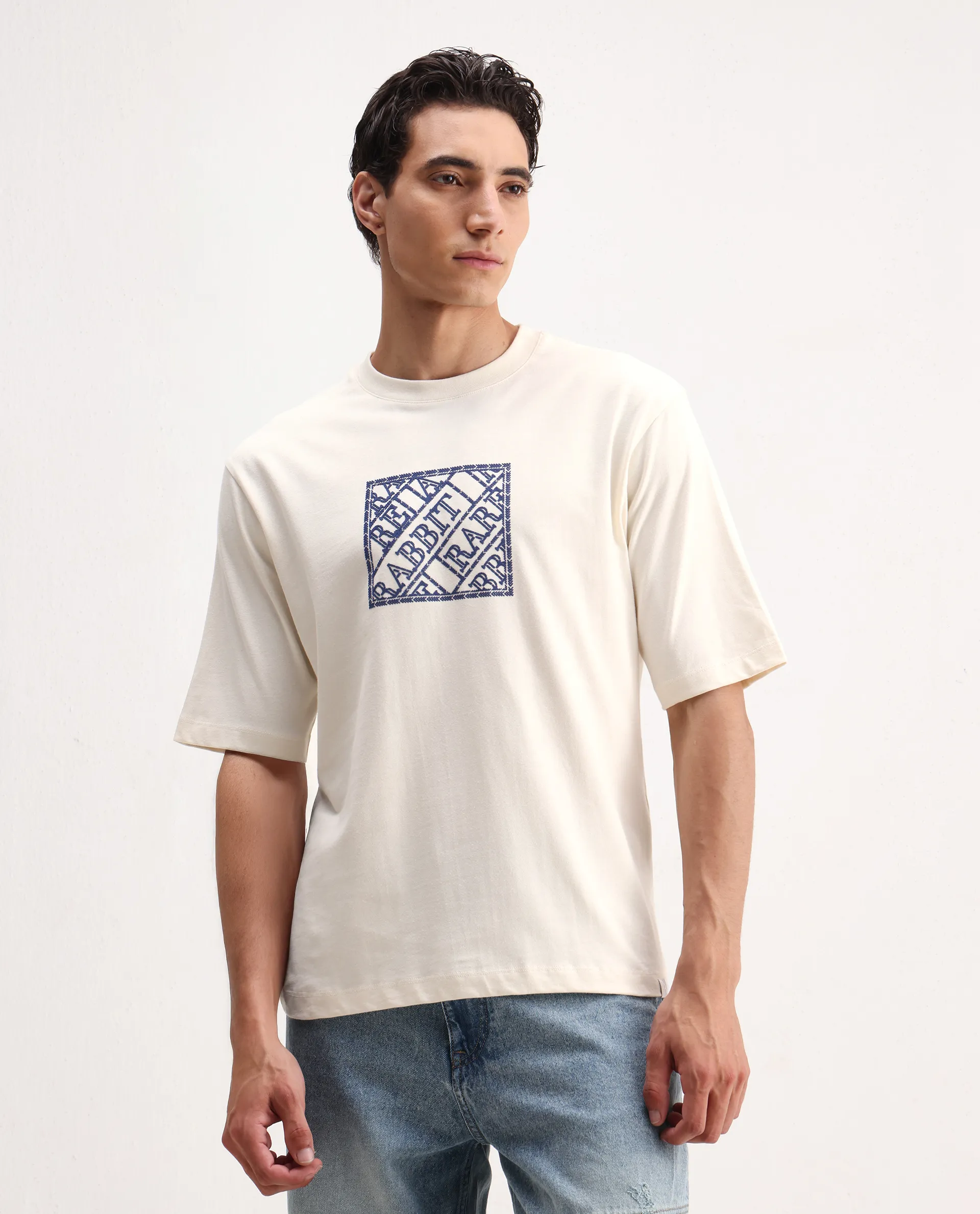 Rare Rabbit Men's Pree Off-White Cotton Embroidered Regular Fit Half Sleeve Crew Neck T-Shirt - Image 6