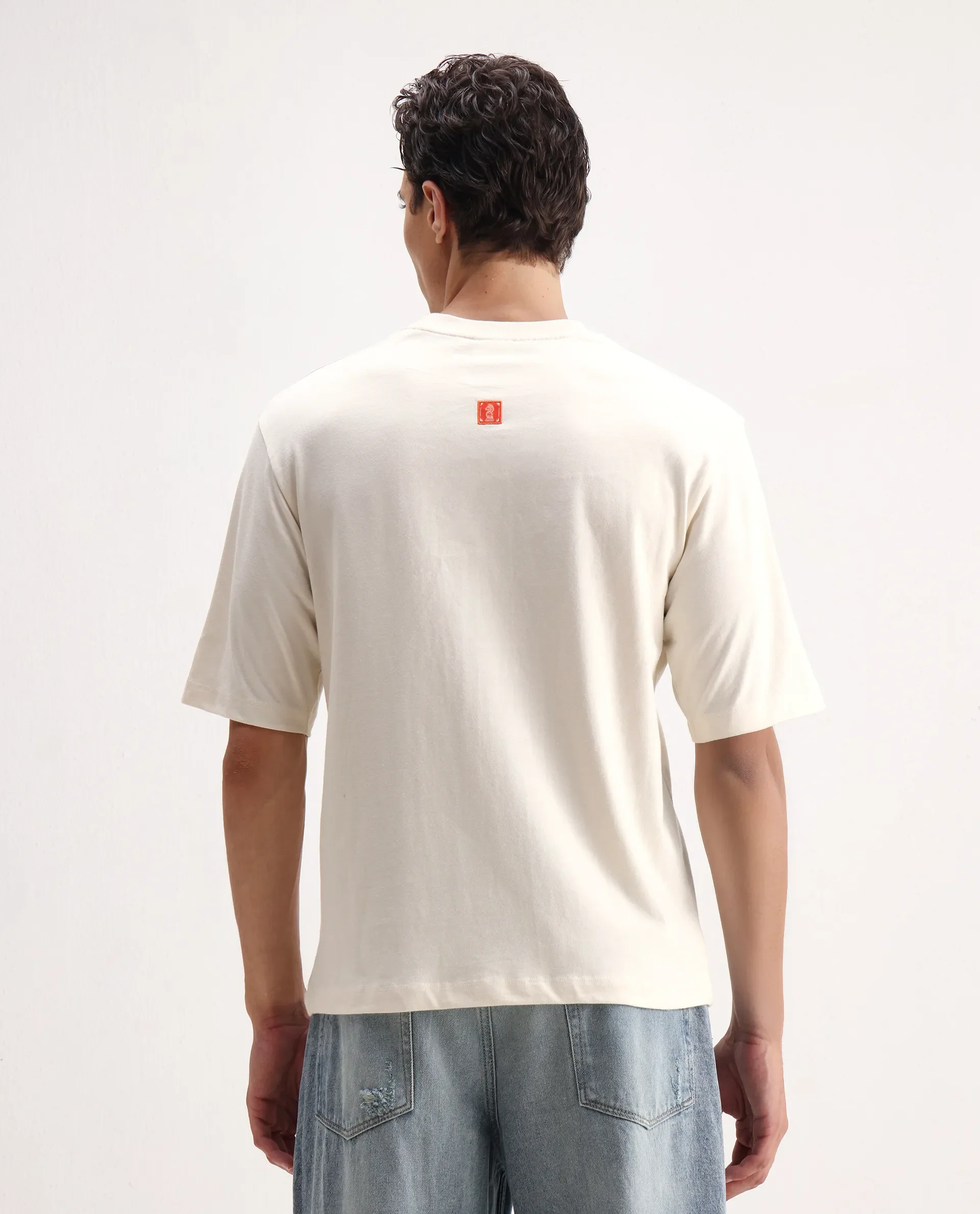 Rare Rabbit Men's Pree Off-White Cotton Embroidered Regular Fit Half Sleeve Crew Neck T-Shirt - Image 7