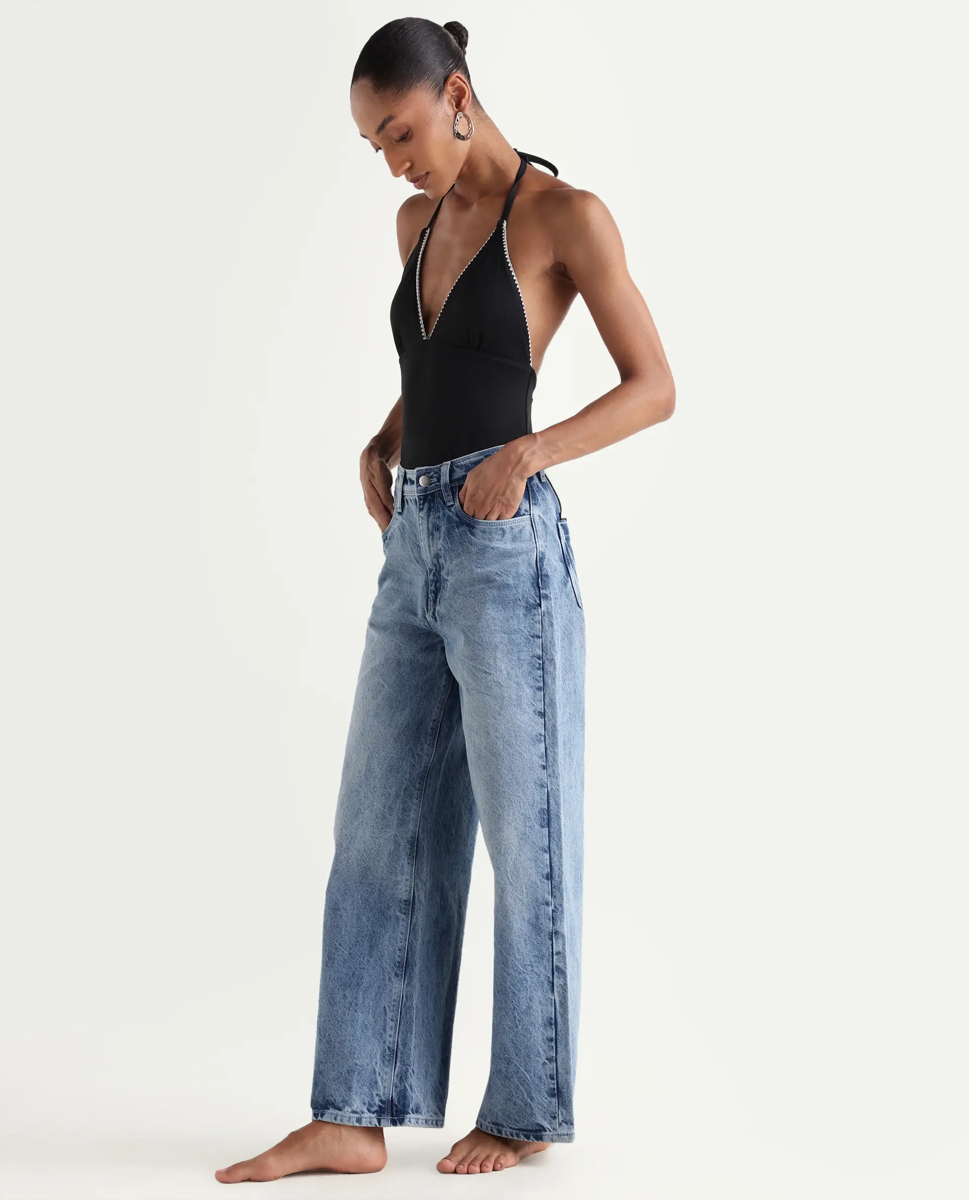 Rareism Women's Pref Blue Cotton Plain Ankle Length Effortless Sculpt high wide Jeans - Image 4