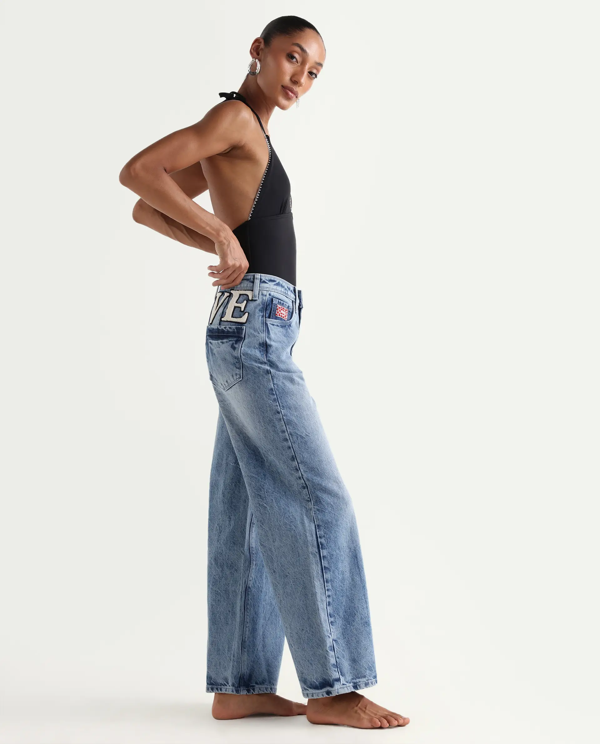 Rareism Women's Pref Blue Cotton Plain Ankle Length Effortless Sculpt high wide Jeans - Image 5