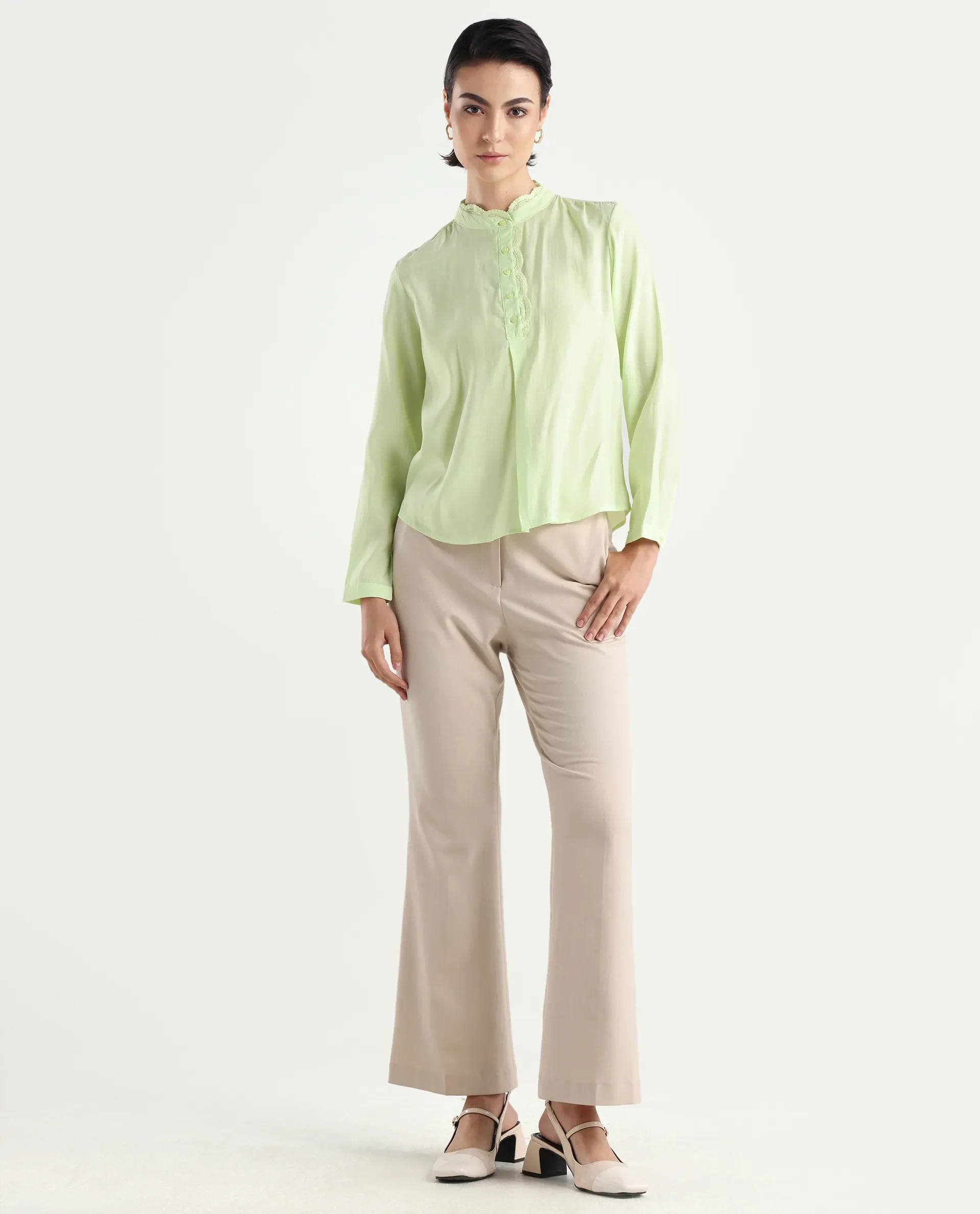 Rareism Women's Prefeck Green Viscose Blend Mandarin Collar Plain Cuffed Sleeve Regular Fit Top - Image 2