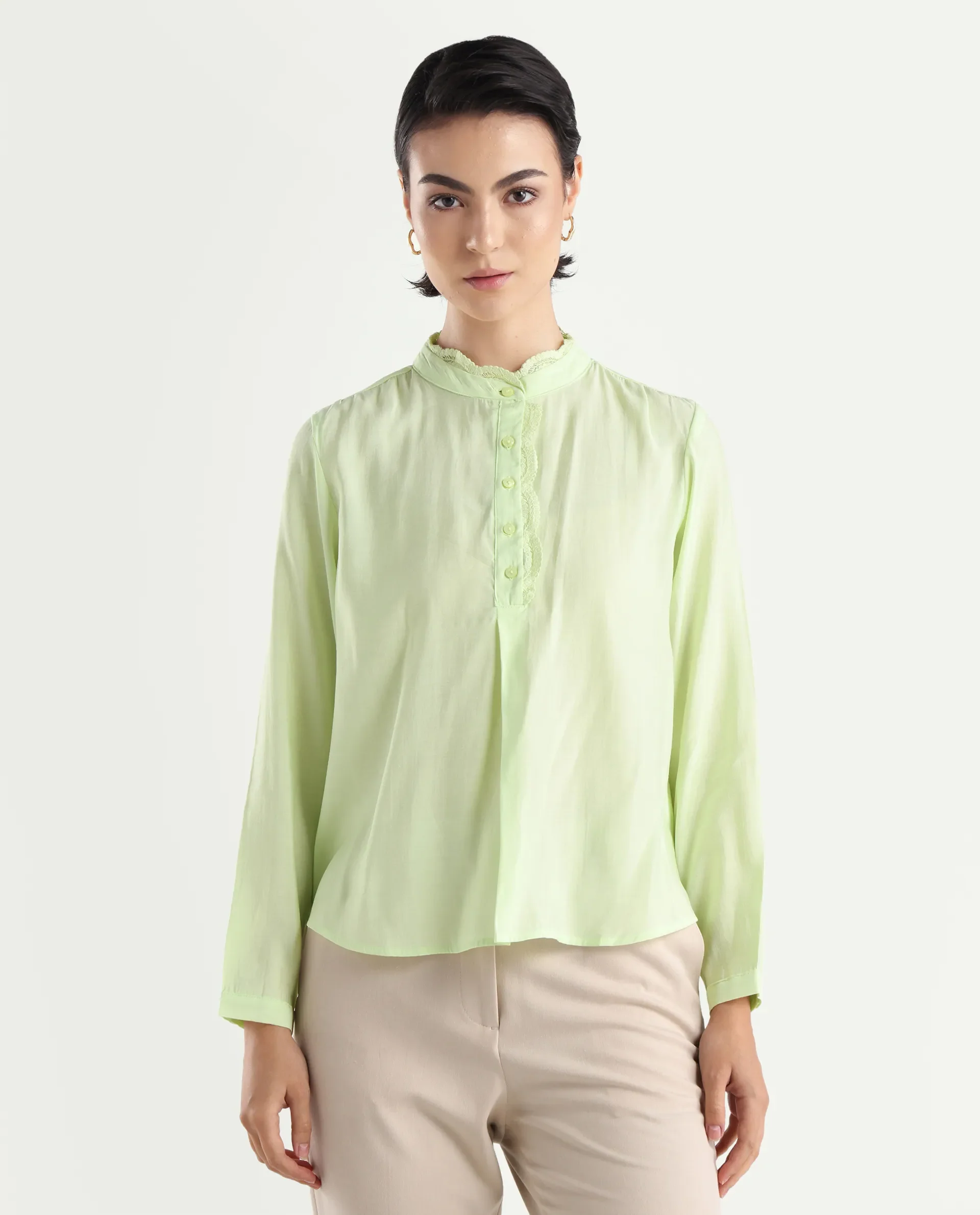 Rareism Women's Prefeck Green Viscose Blend Mandarin Collar Plain Cuffed Sleeve Regular Fit Top - Image 3