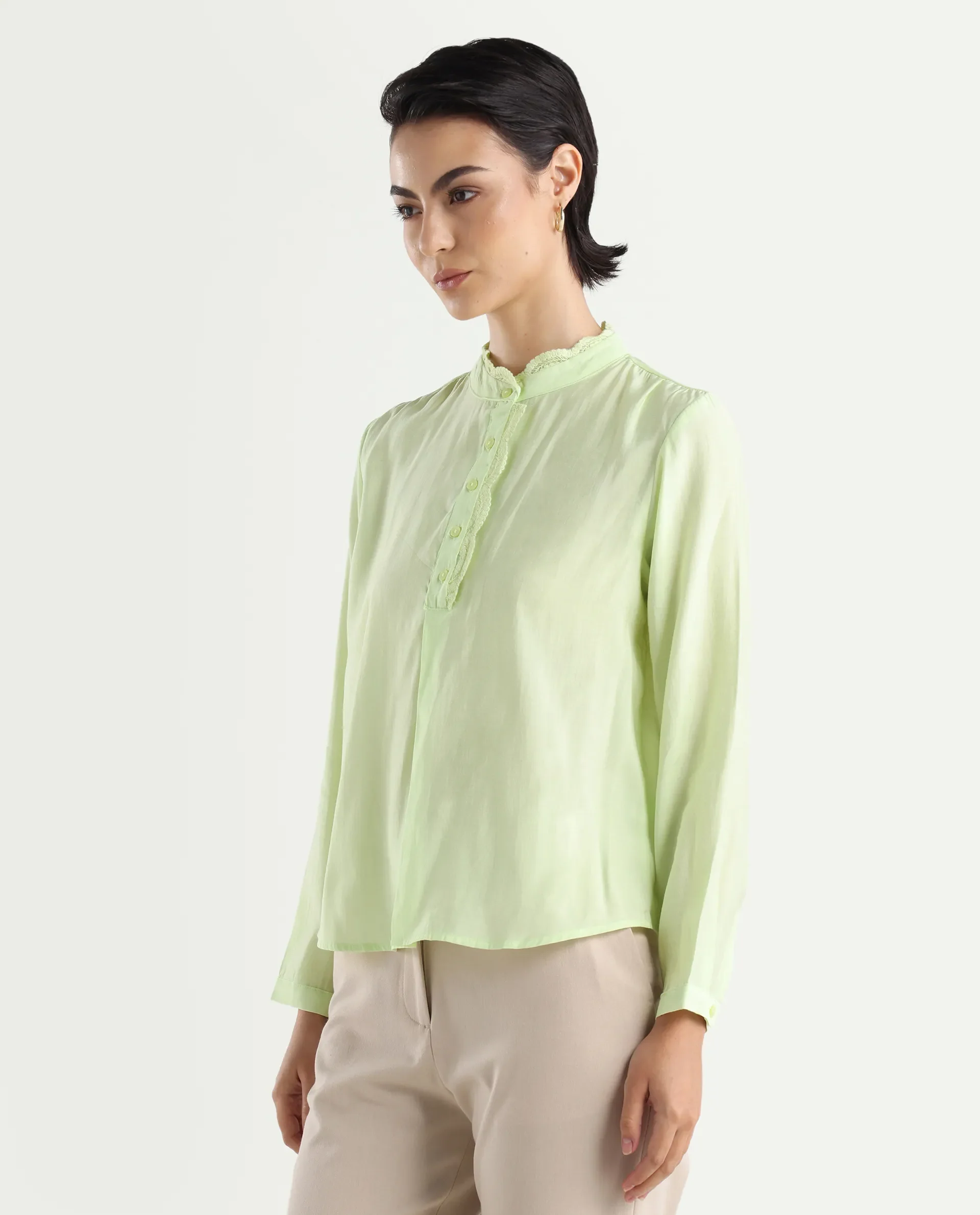 Rareism Women's Prefeck Green Viscose Blend Mandarin Collar Plain Cuffed Sleeve Regular Fit Top - Image 5