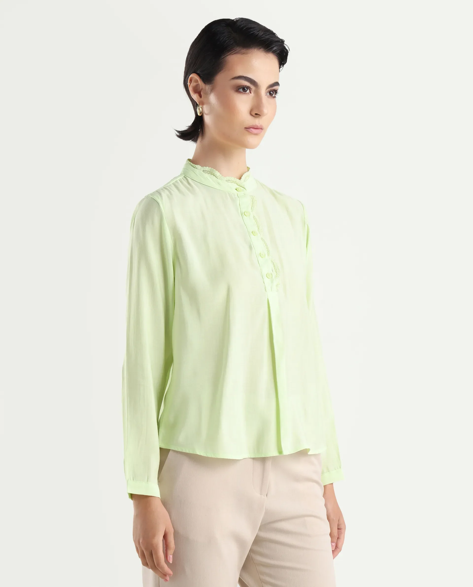 Rareism Women's Prefeck Green Viscose Blend Mandarin Collar Plain Cuffed Sleeve Regular Fit Top - Image 6