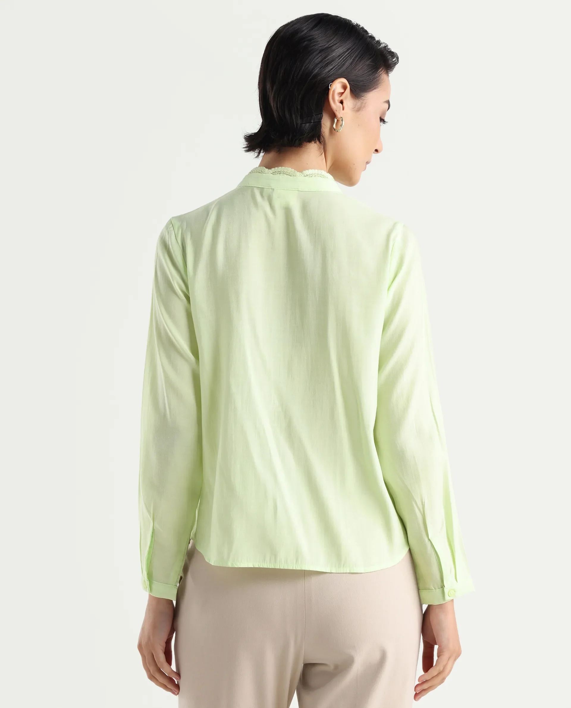 Rareism Women's Prefeck Green Viscose Blend Mandarin Collar Plain Cuffed Sleeve Regular Fit Top - Image 7