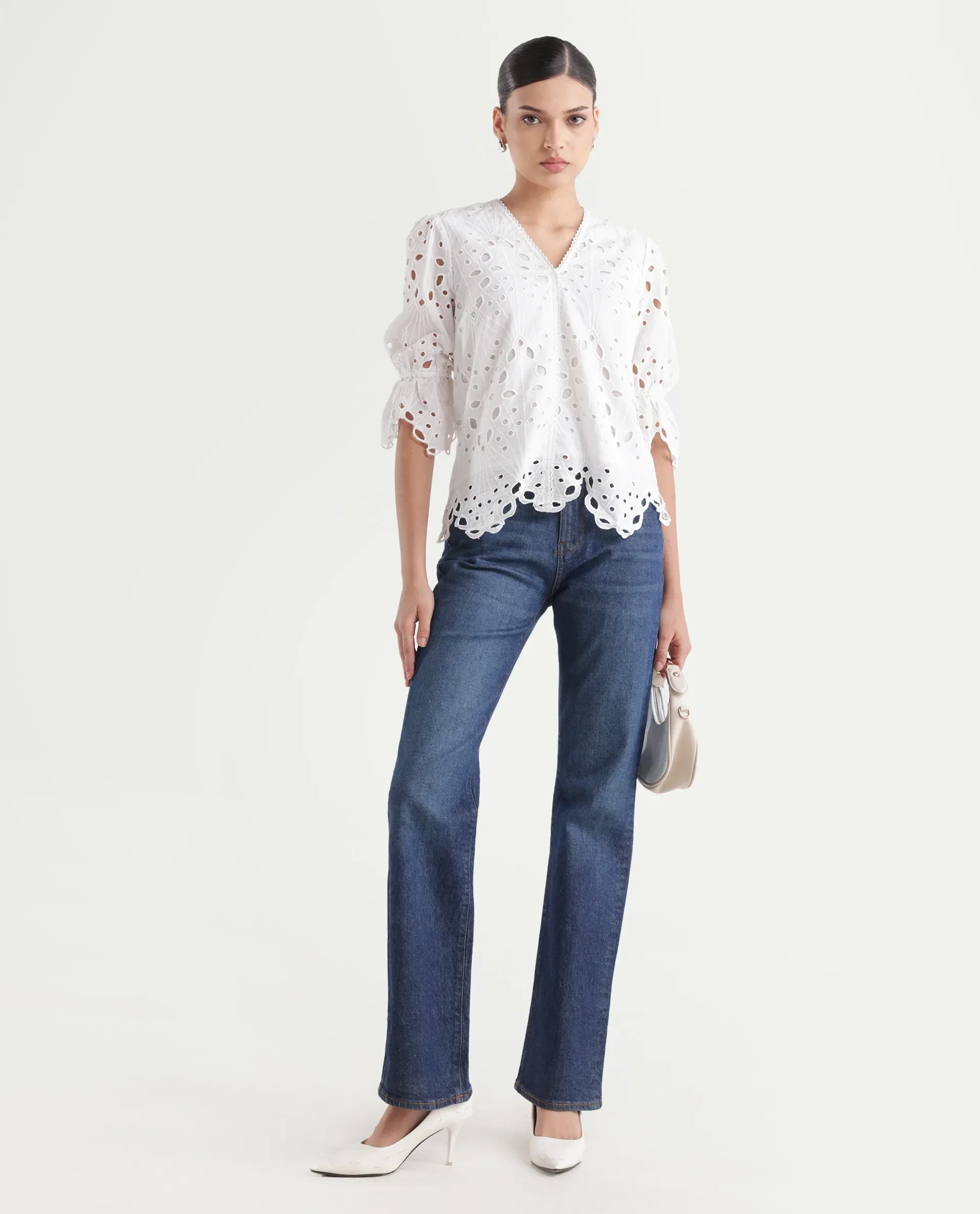 Rareism Women's Prefern White Cotton V-Neck Plain Puff Sleeves Regular Fit Top - Image 2