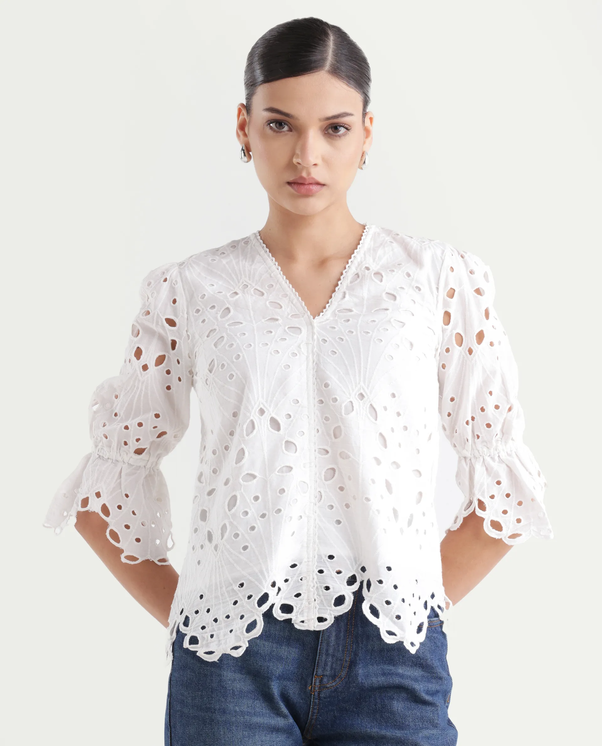 Rareism Women's Prefern White Cotton V-Neck Plain Puff Sleeves Regular Fit Top - Image 3