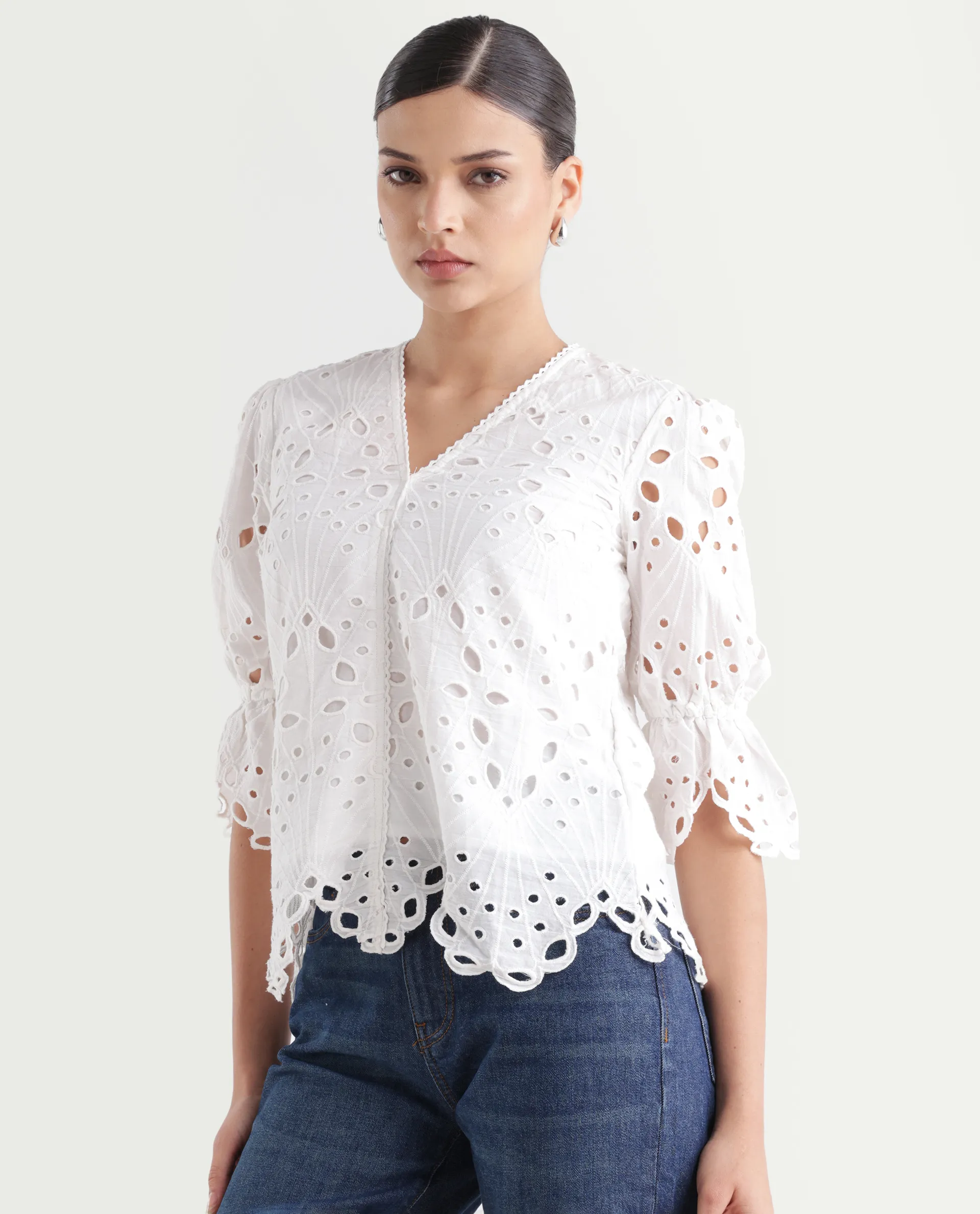 Rareism Women's Prefern White Cotton V-Neck Plain Puff Sleeves Regular Fit Top - Image 6