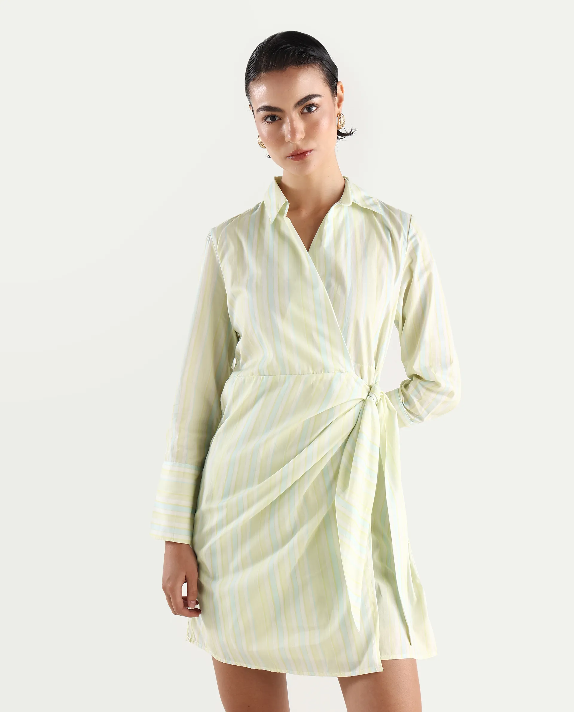 Rareism Women's Pregun Multi Cotton Johnny Collar Striped Mini Straight Fit Dress - Image 3
