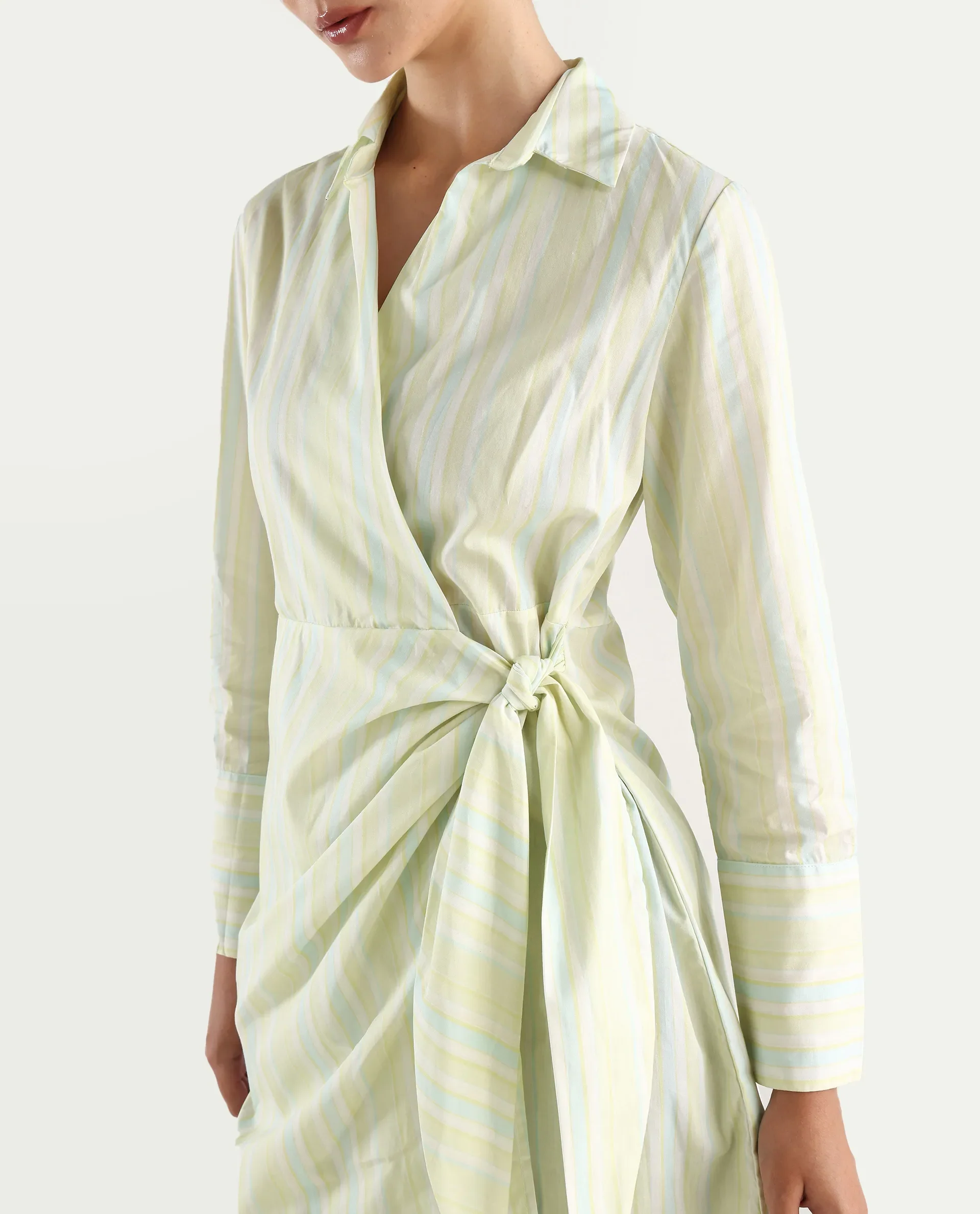 Rareism Women's Pregun Multi Cotton Johnny Collar Striped Mini Straight Fit Dress - Image 4