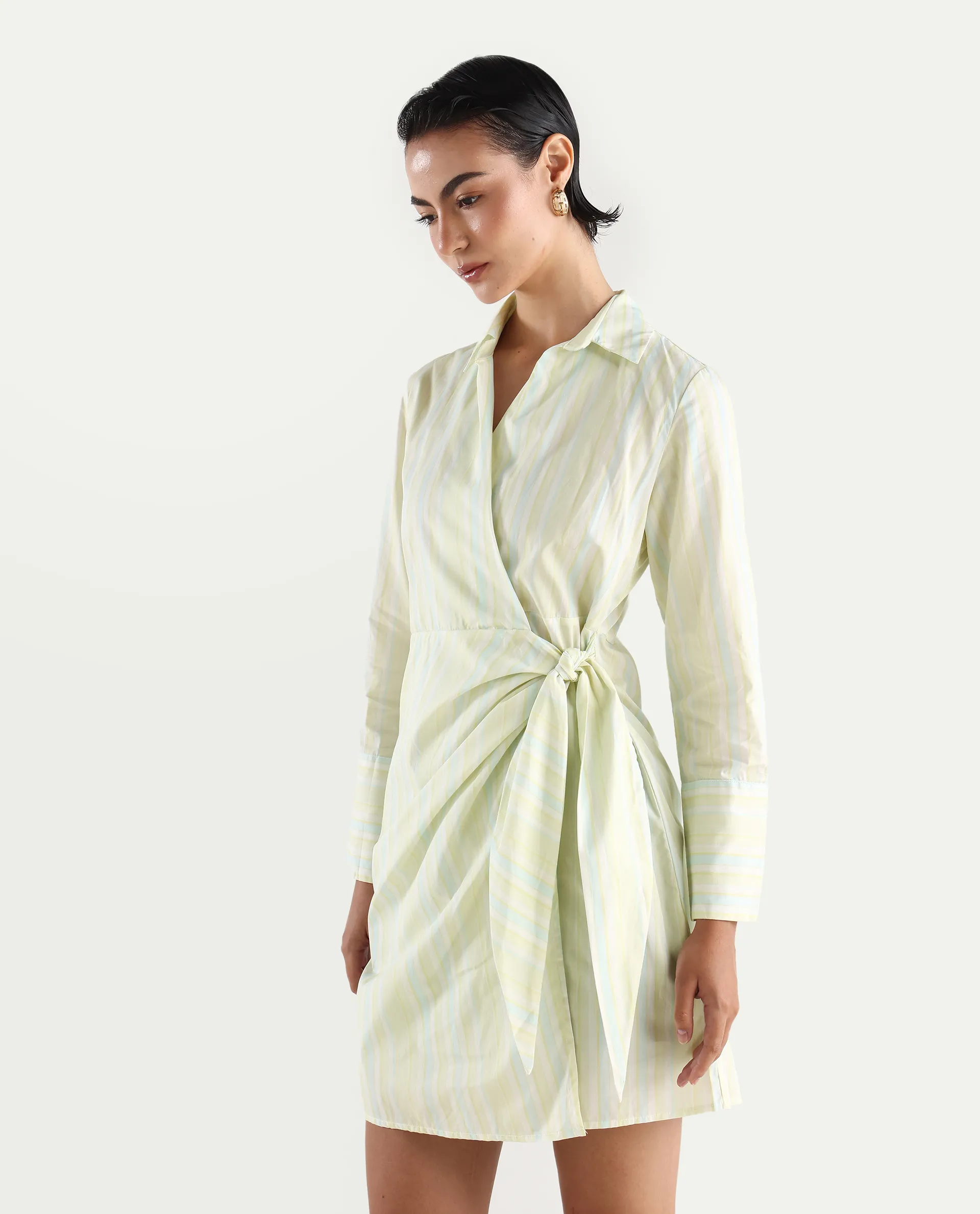 Rareism Women's Pregun Multi Cotton Johnny Collar Striped Mini Straight Fit Dress - Image 5