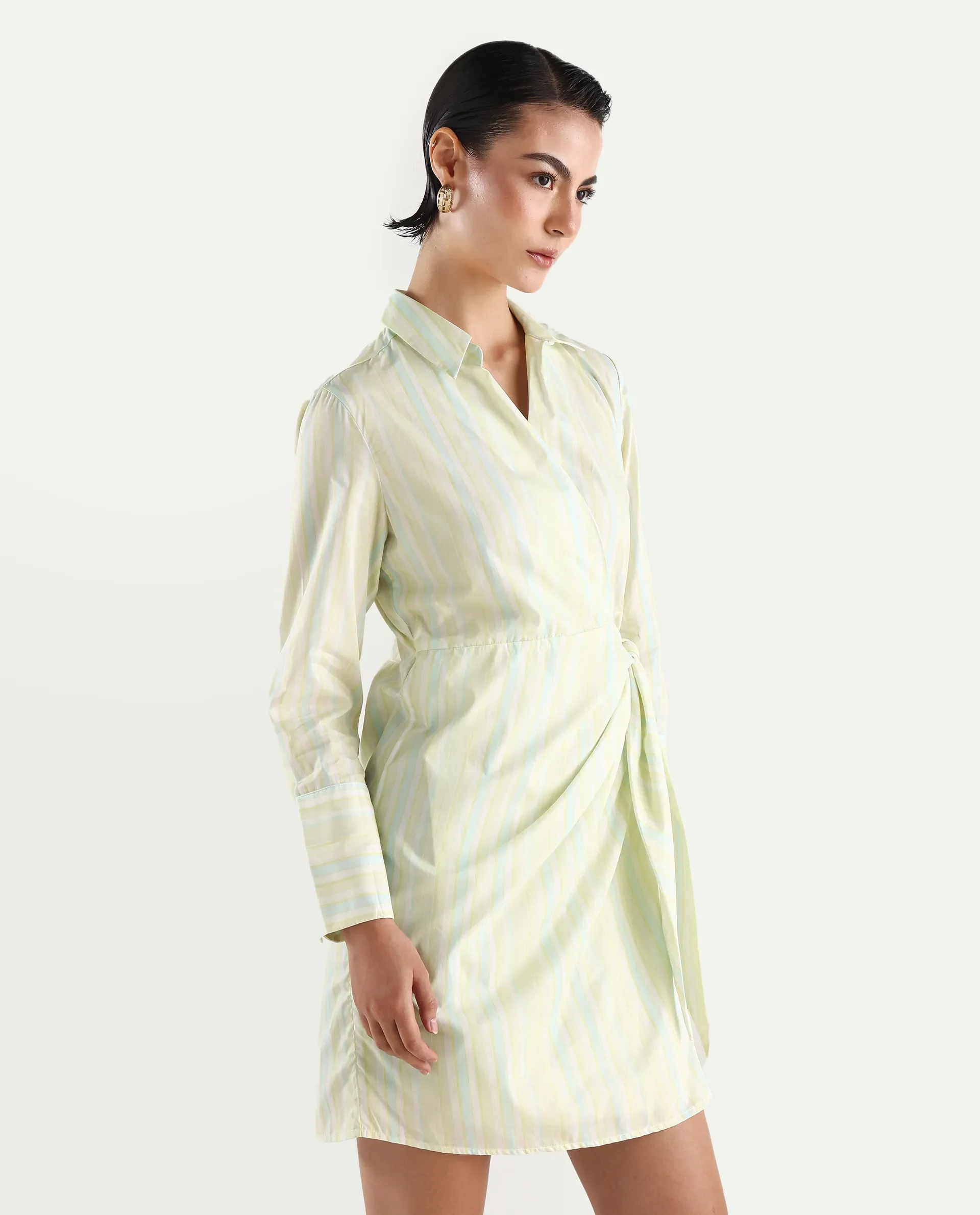 Rareism Women's Pregun Multi Cotton Johnny Collar Striped Mini Straight Fit Dress - Image 6