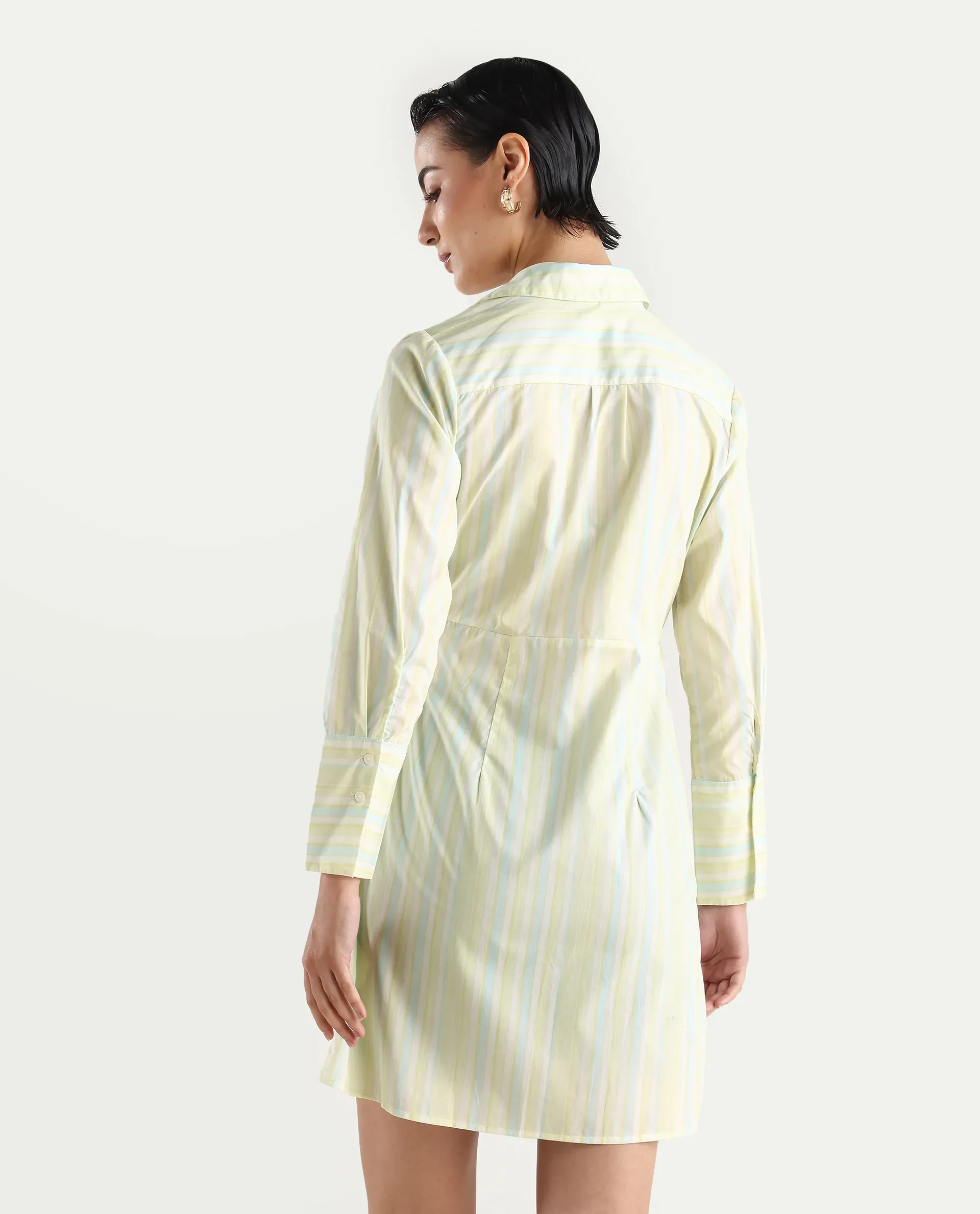 Rareism Women's Pregun Multi Cotton Johnny Collar Striped Mini Straight Fit Dress - Image 7
