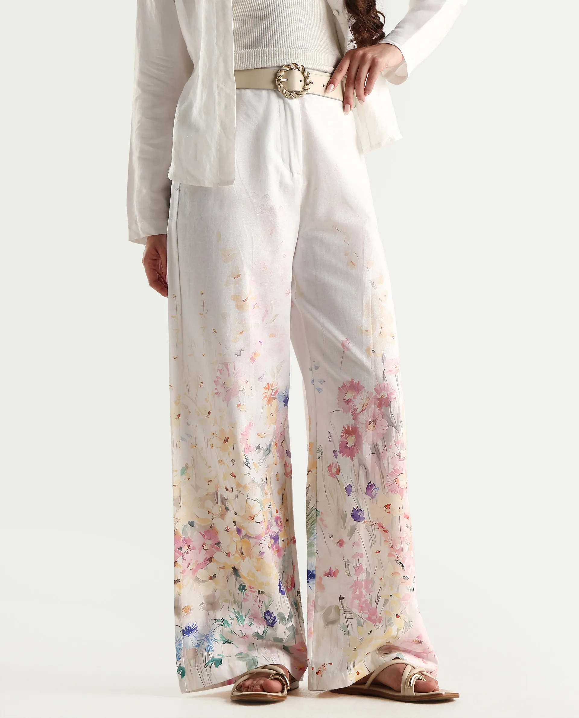 Rareism Women's Prejino White Cotton Floral Print Ankle Length Straight Fit Trouser - Image 2