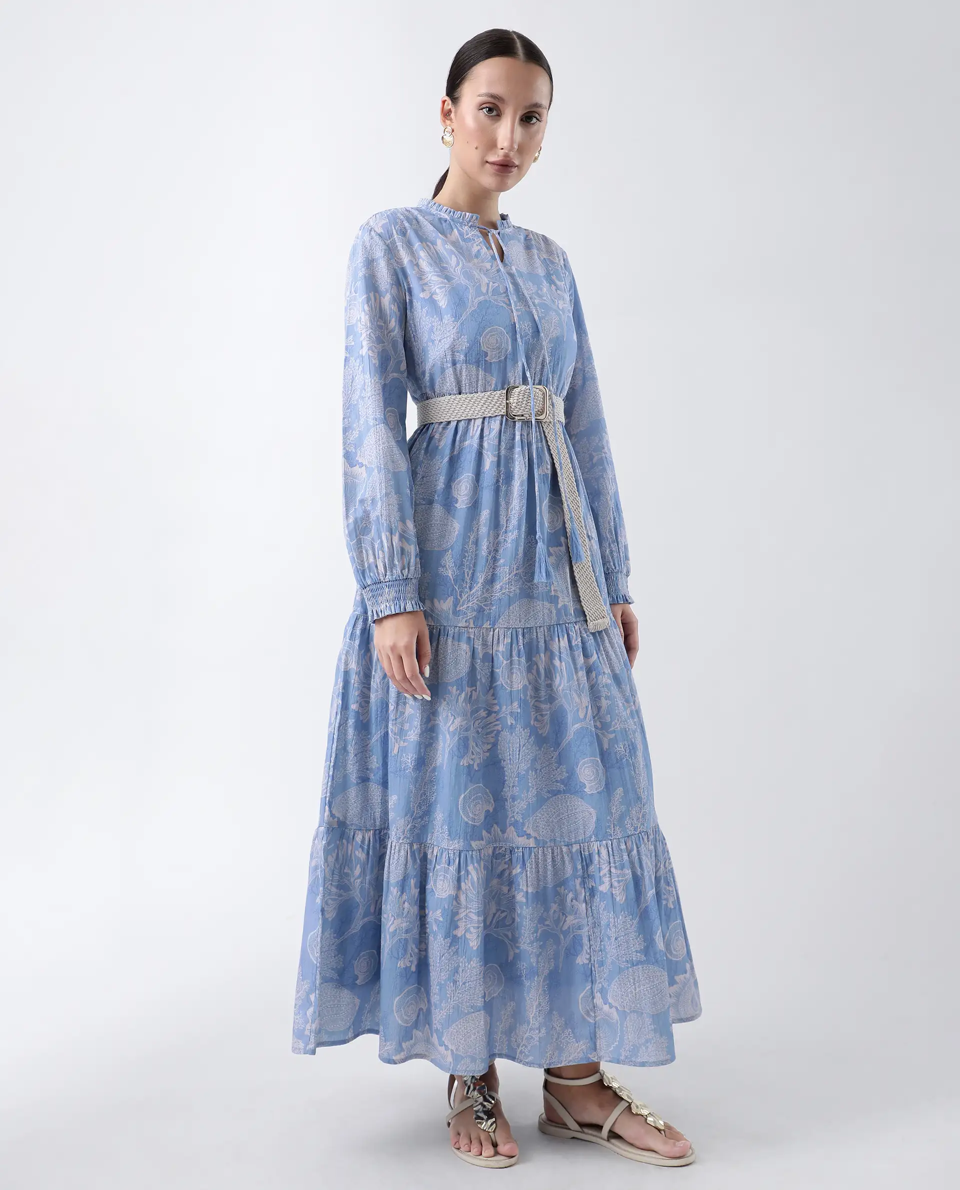 Rareism Women's Prek Purple Cotton Blend Tie-Up Neck Abstract Print Maxi Tiered Dress - Image 7