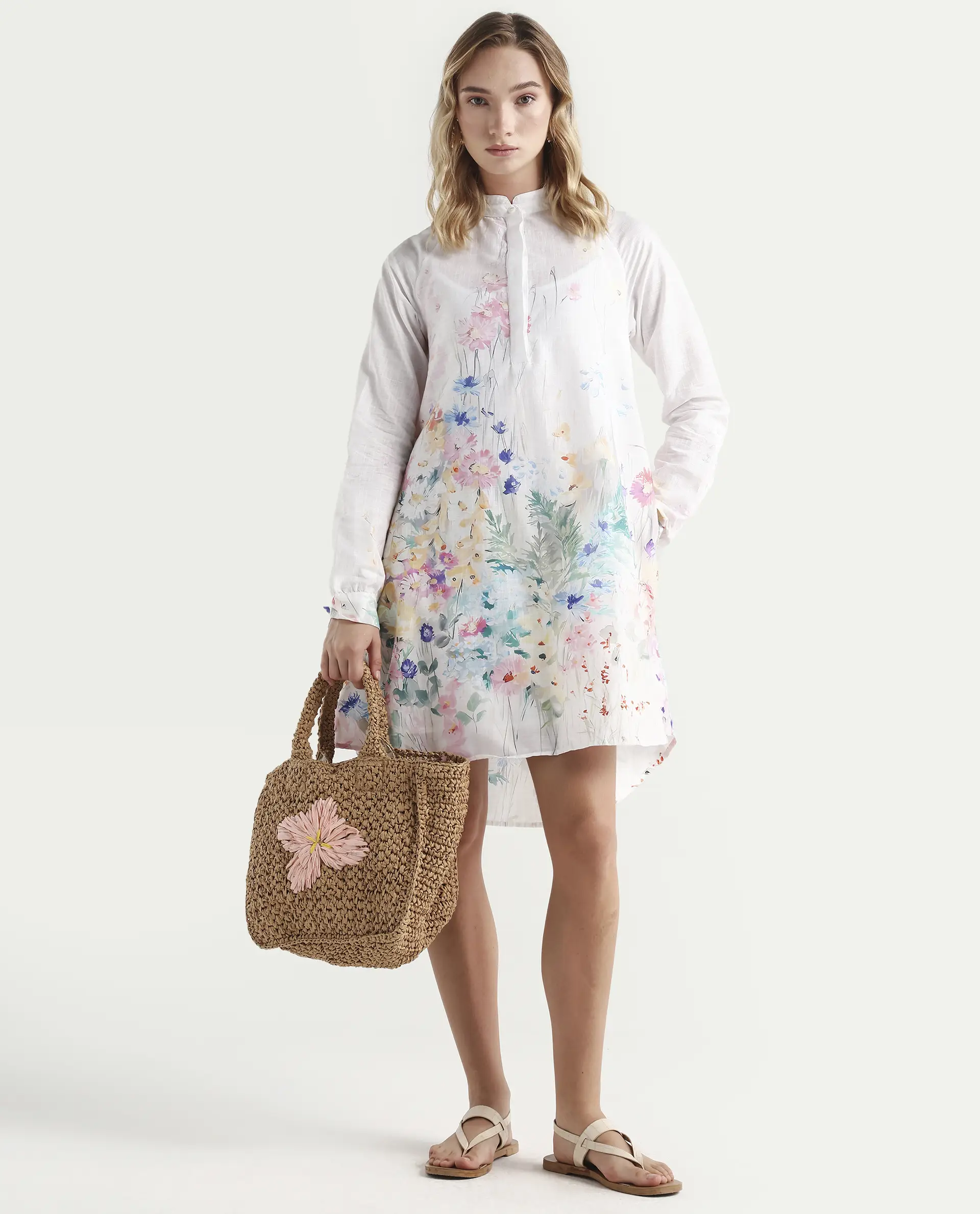 Rareism Women's Prekli Multi Cotton Mandarin Collar Floral Print Extended Sleeves Mini Flared Dress - Image 2