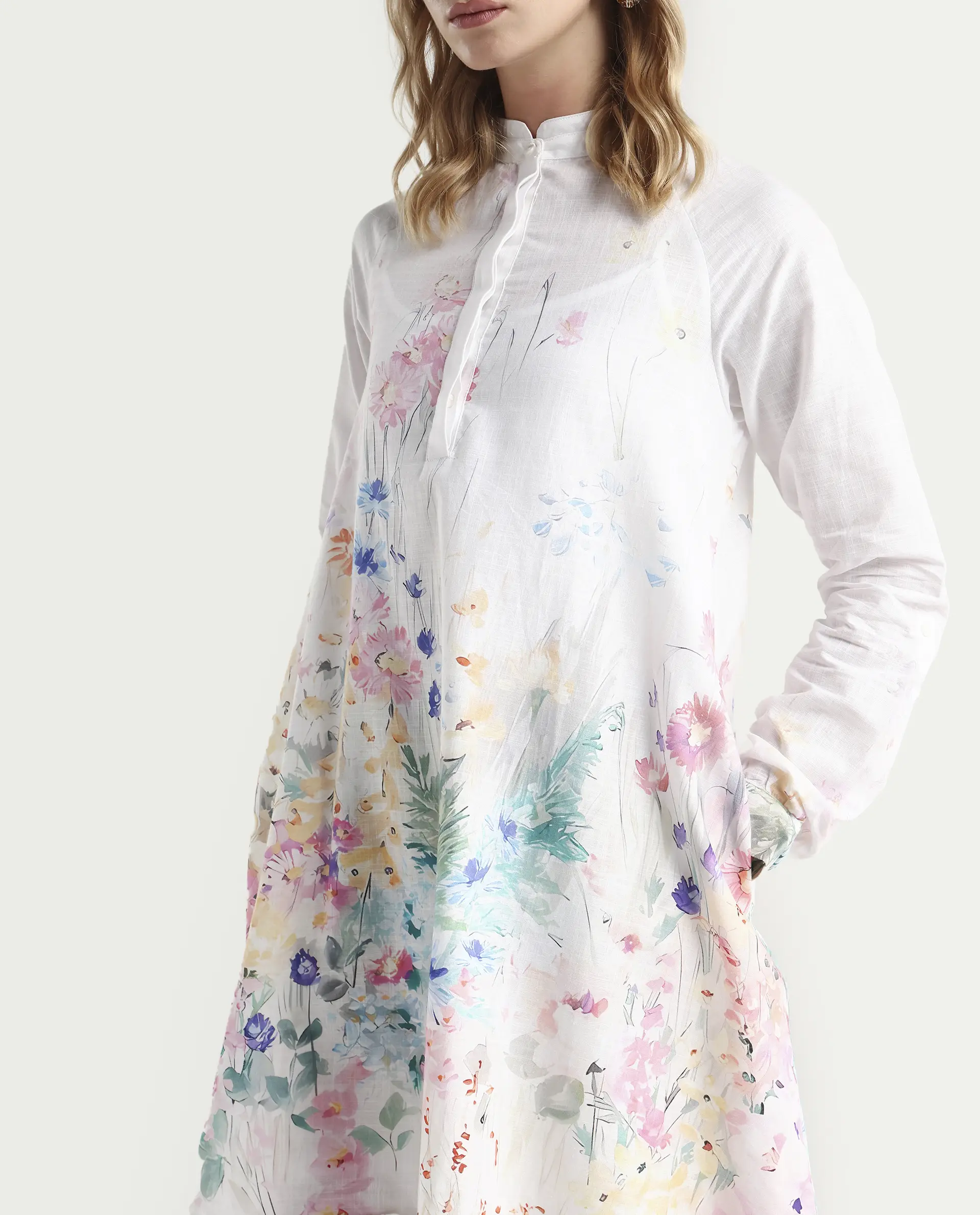 Rareism Women's Prekli Multi Cotton Mandarin Collar Floral Print Extended Sleeves Mini Flared Dress - Image 3