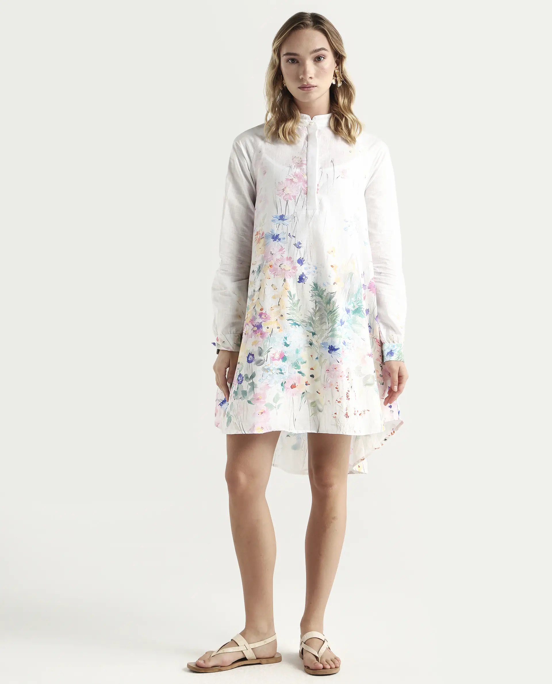 Rareism Women's Prekli Multi Cotton Mandarin Collar Floral Print Extended Sleeves Mini Flared Dress - Image 4