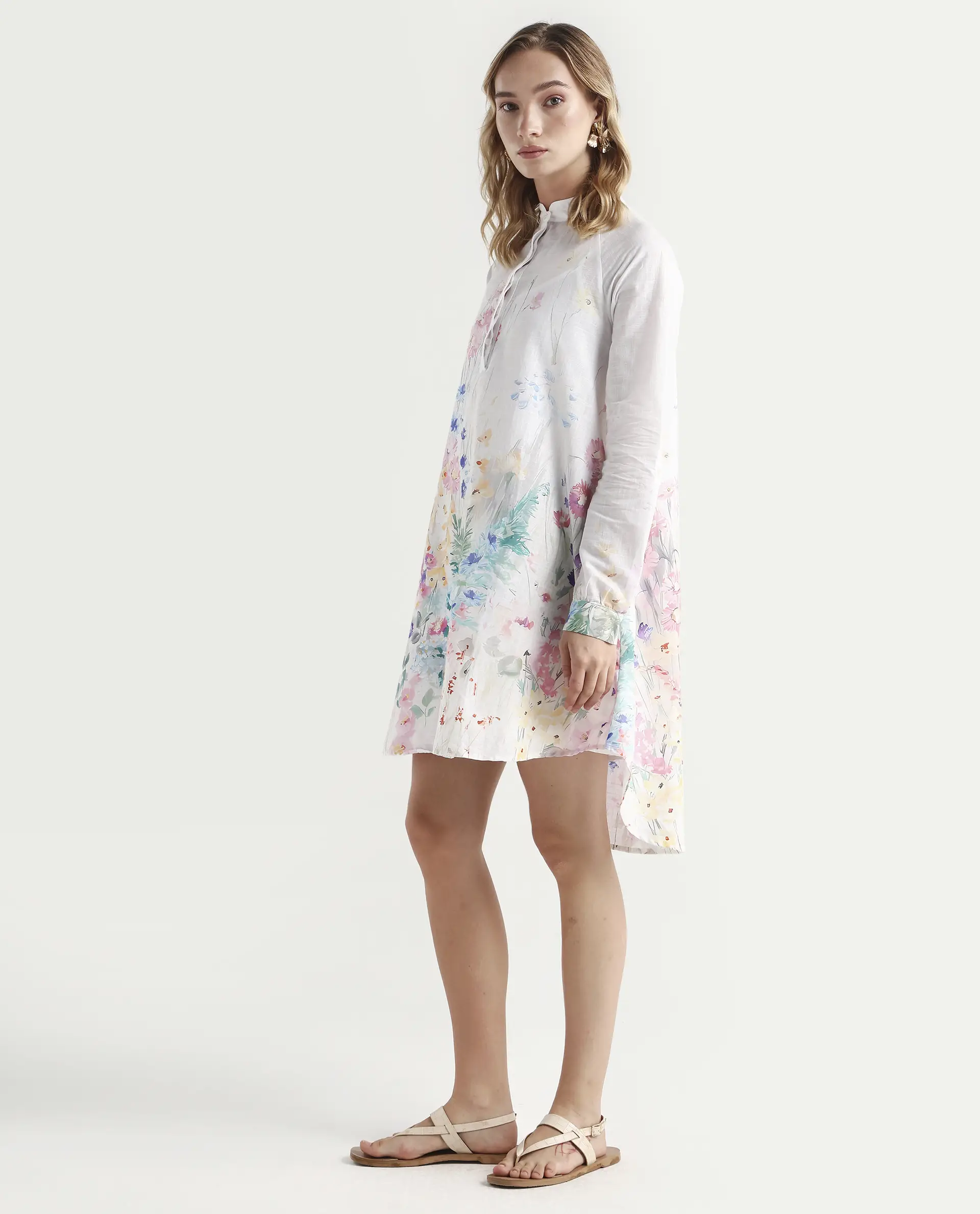 Rareism Women's Prekli Multi Cotton Mandarin Collar Floral Print Extended Sleeves Mini Flared Dress - Image 5