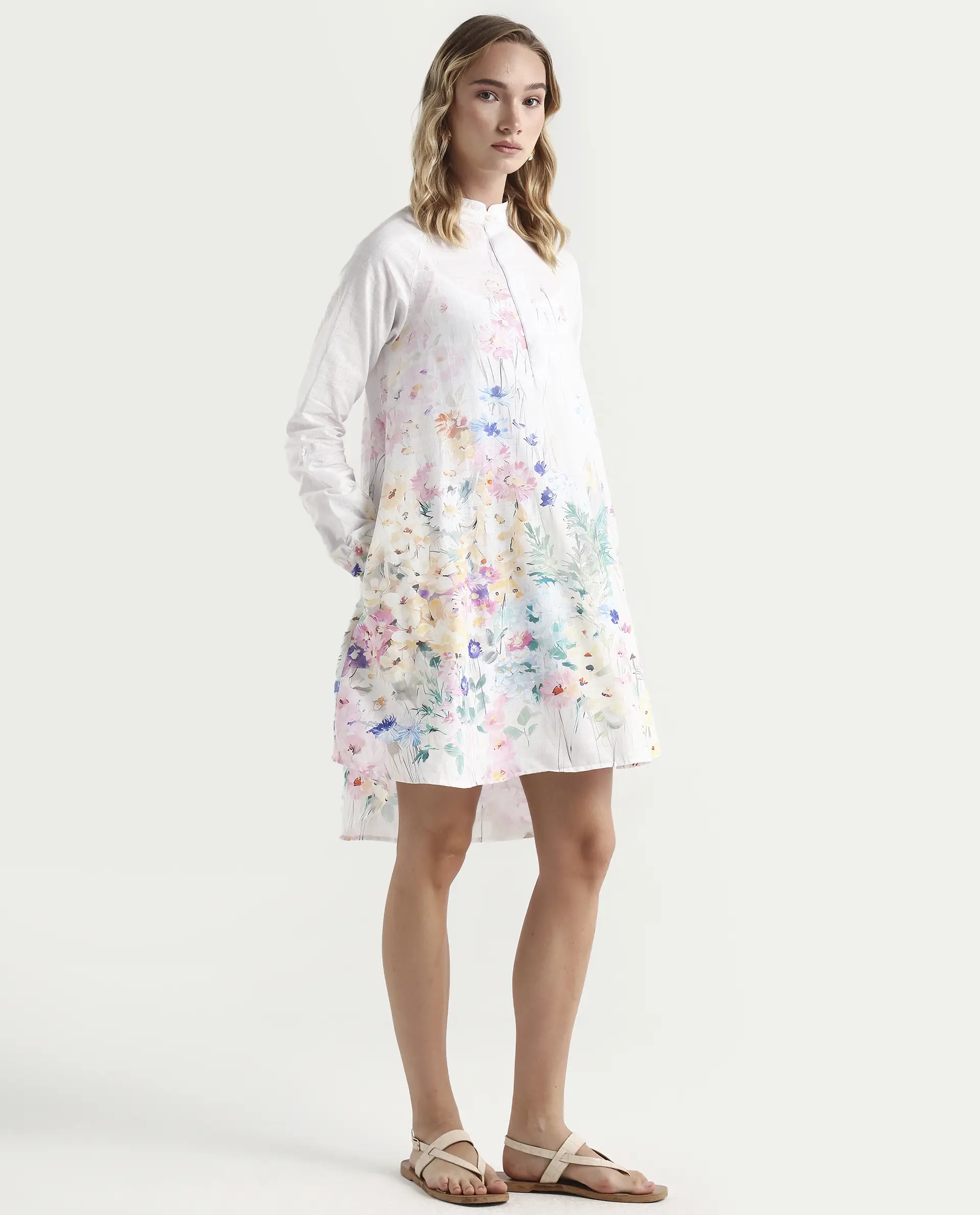 Rareism Women's Prekli Multi Cotton Mandarin Collar Floral Print Extended Sleeves Mini Flared Dress - Image 6