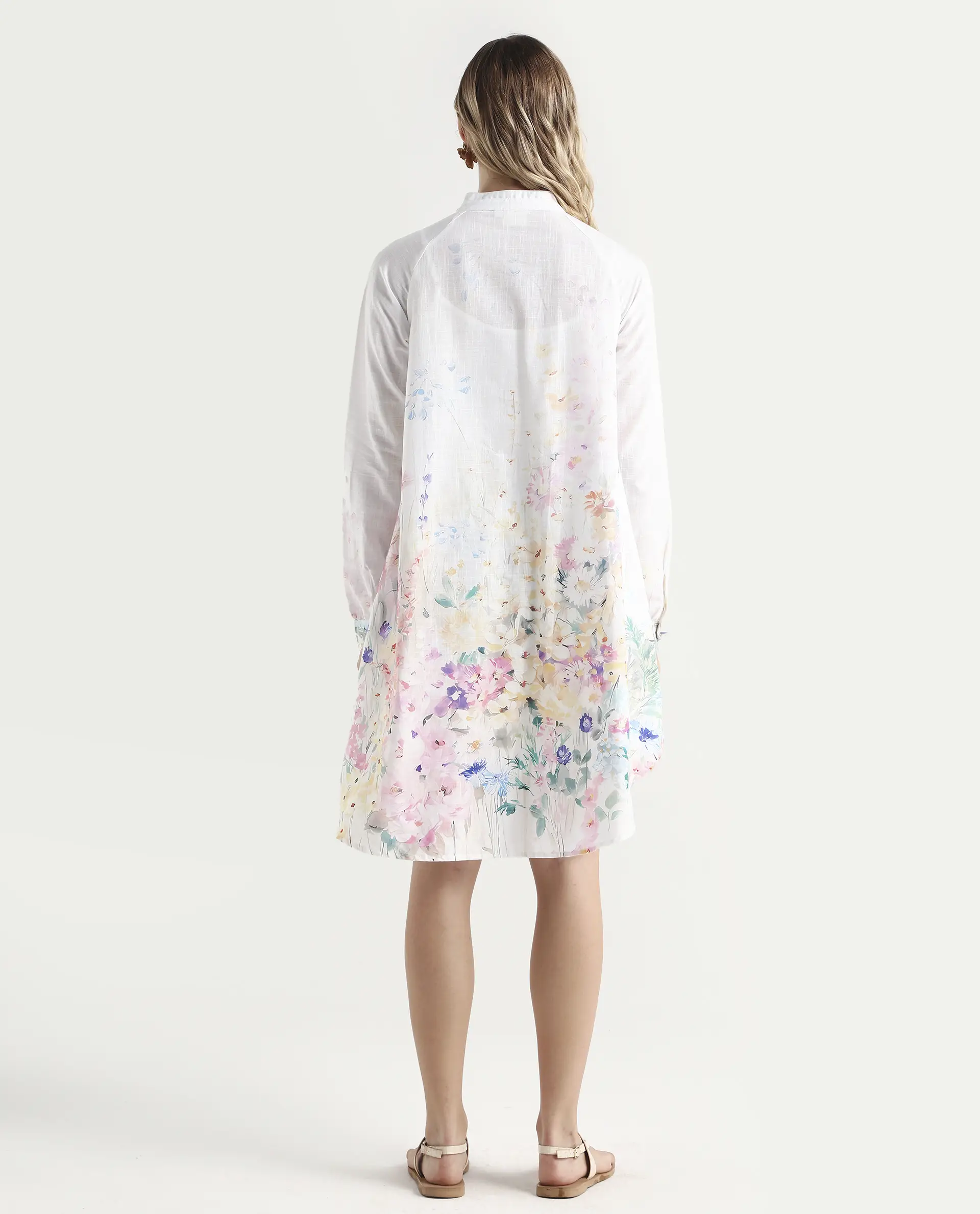 Rareism Women's Prekli Multi Cotton Mandarin Collar Floral Print Extended Sleeves Mini Flared Dress - Image 7