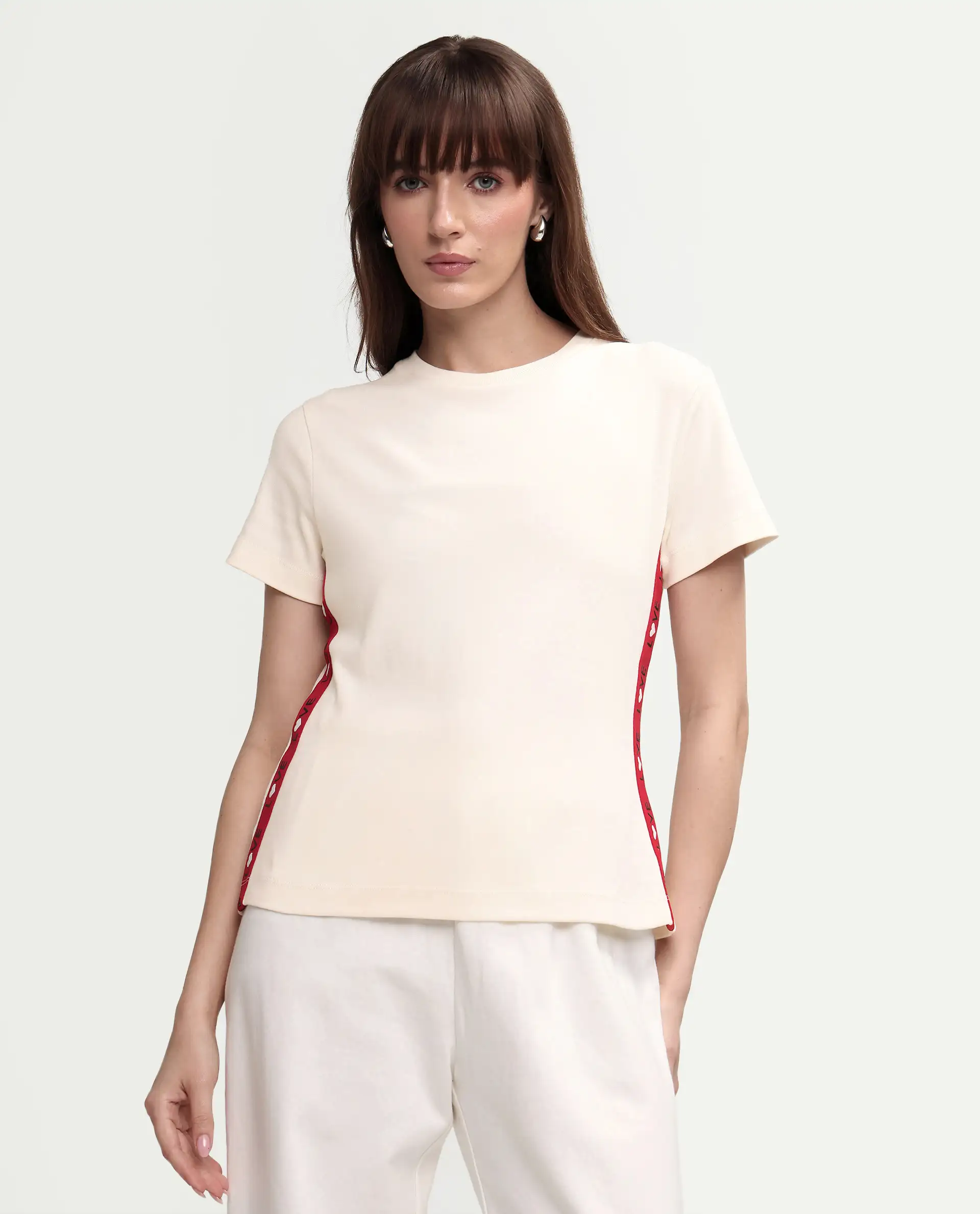 Rareism Women's Prel White Cotton Blend Crew Neck Plain Relaxed Fit T-Shirt - Image 3